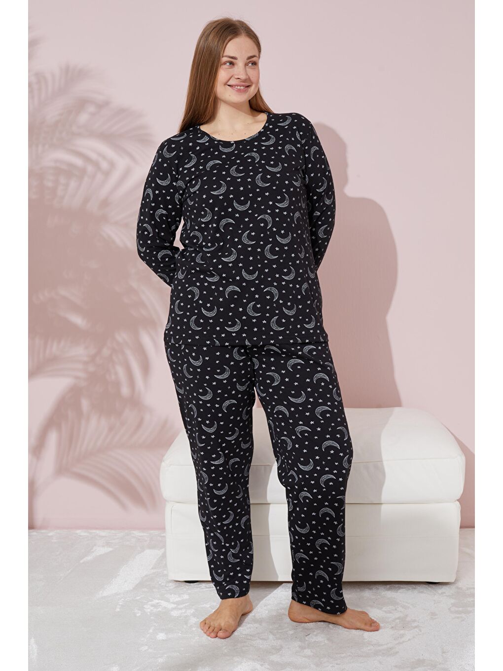 Siyah Ay Desenli Curve Büyük Beden Örme Pamuklu Pijama Takımı