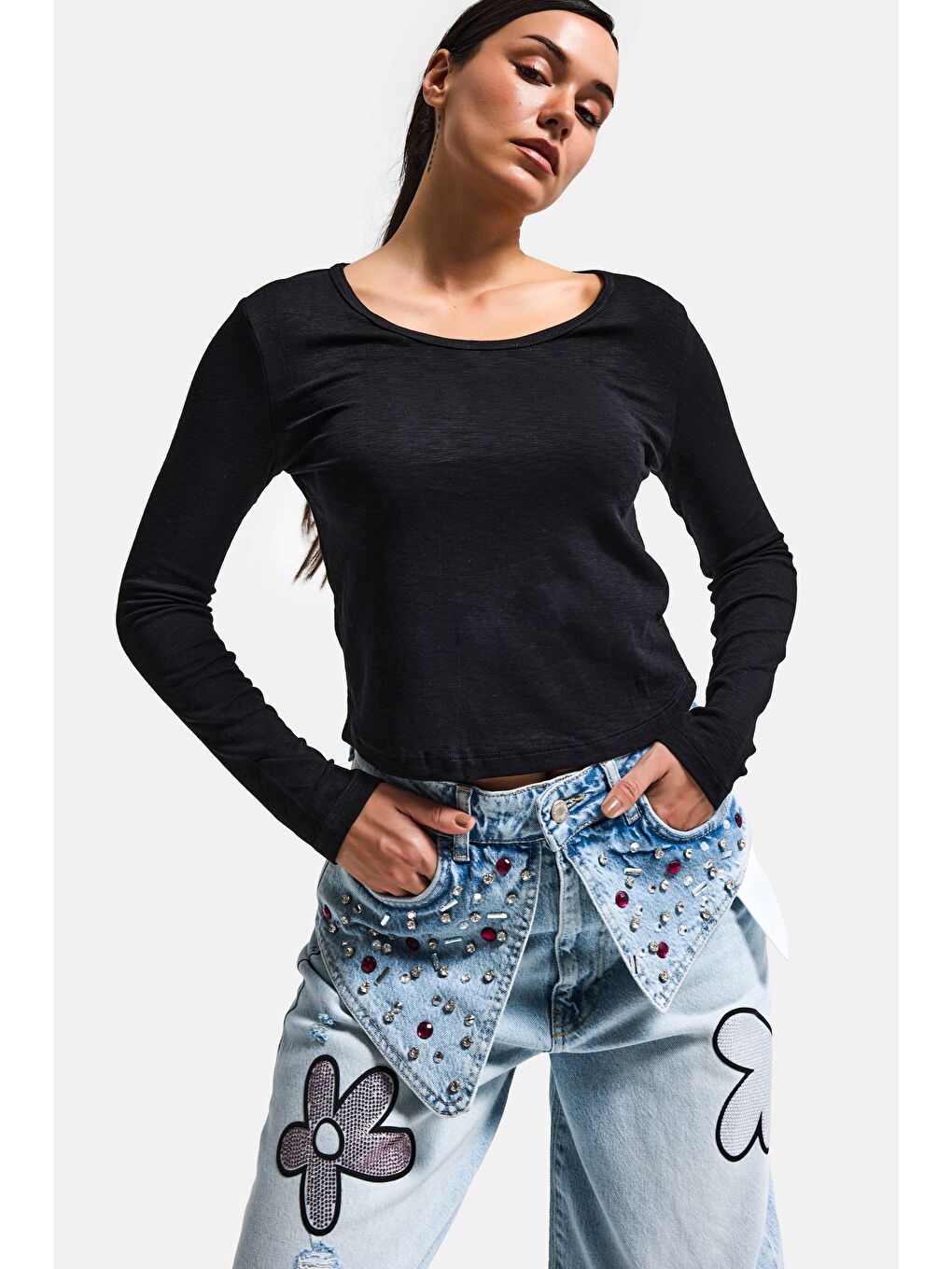 Kadın Siyah w5 %100 Organik Pamuk Esnek Rahat Kesim Bluz-2