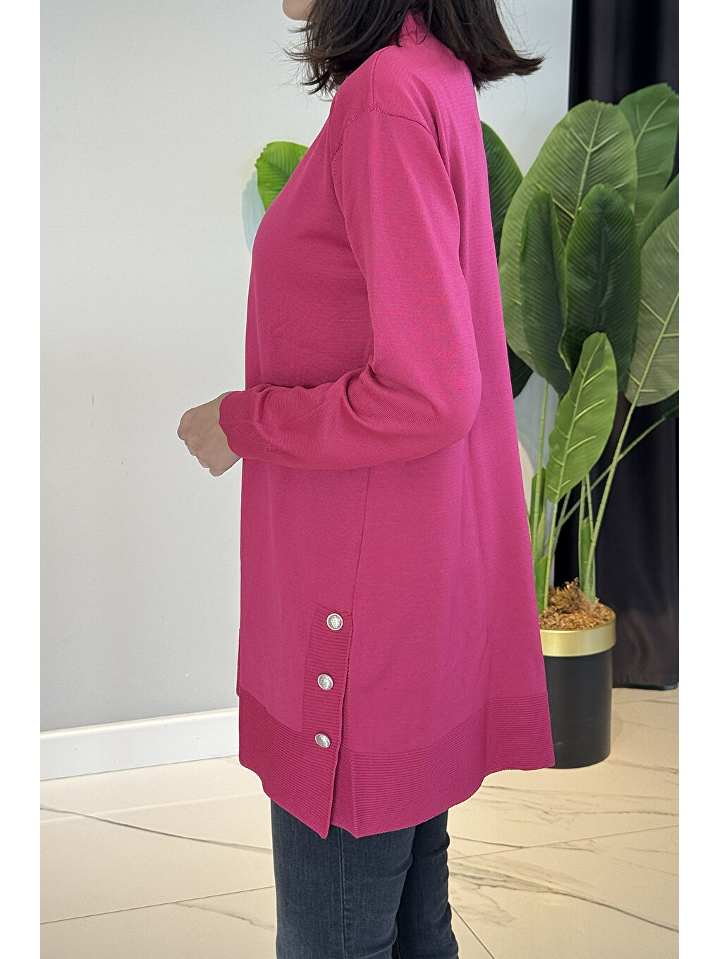 Düğme Detay Triko Tunik 34120 Fuşya-1