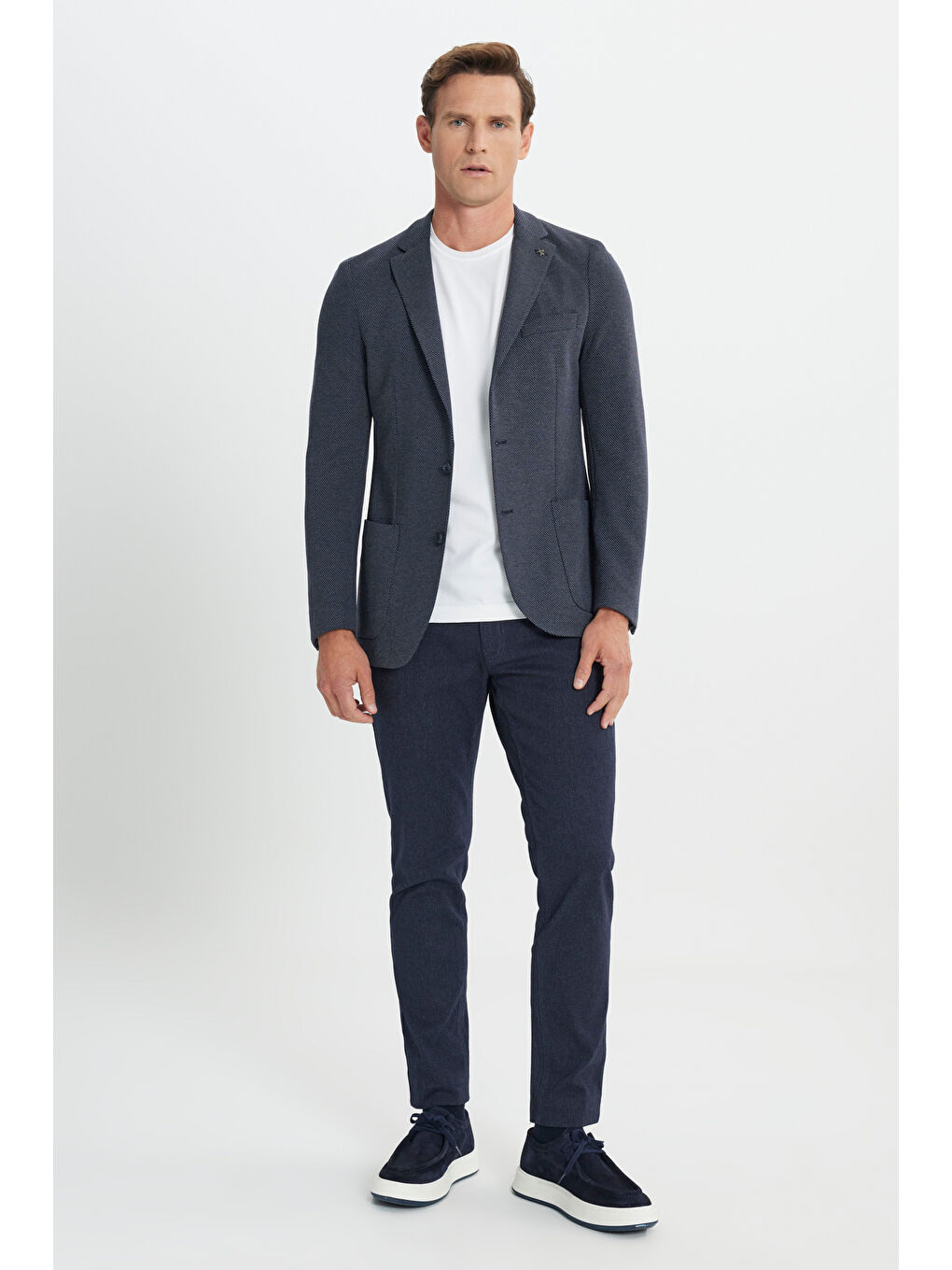 Erkek Lacivert Slim Fit Dar Kesim Mono Yaka Desenli Torba Cepli Ceket-1