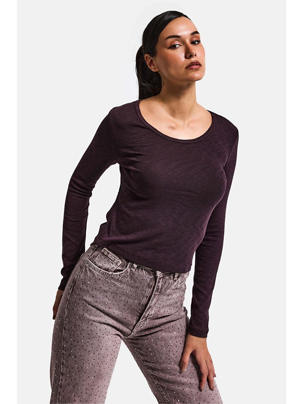 Kahverengi Kadın Kahve w5 %100 Organik Pamuk Esnek Rahat Kesim Bluz-4