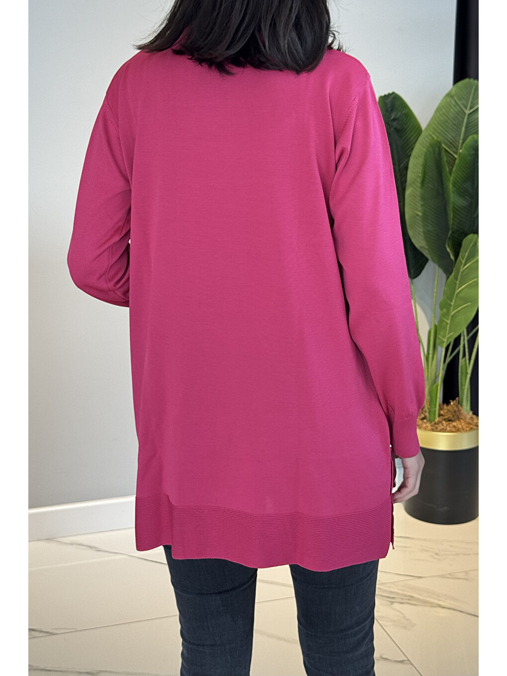 Düğme Detay Triko Tunik 34120 Fuşya-2