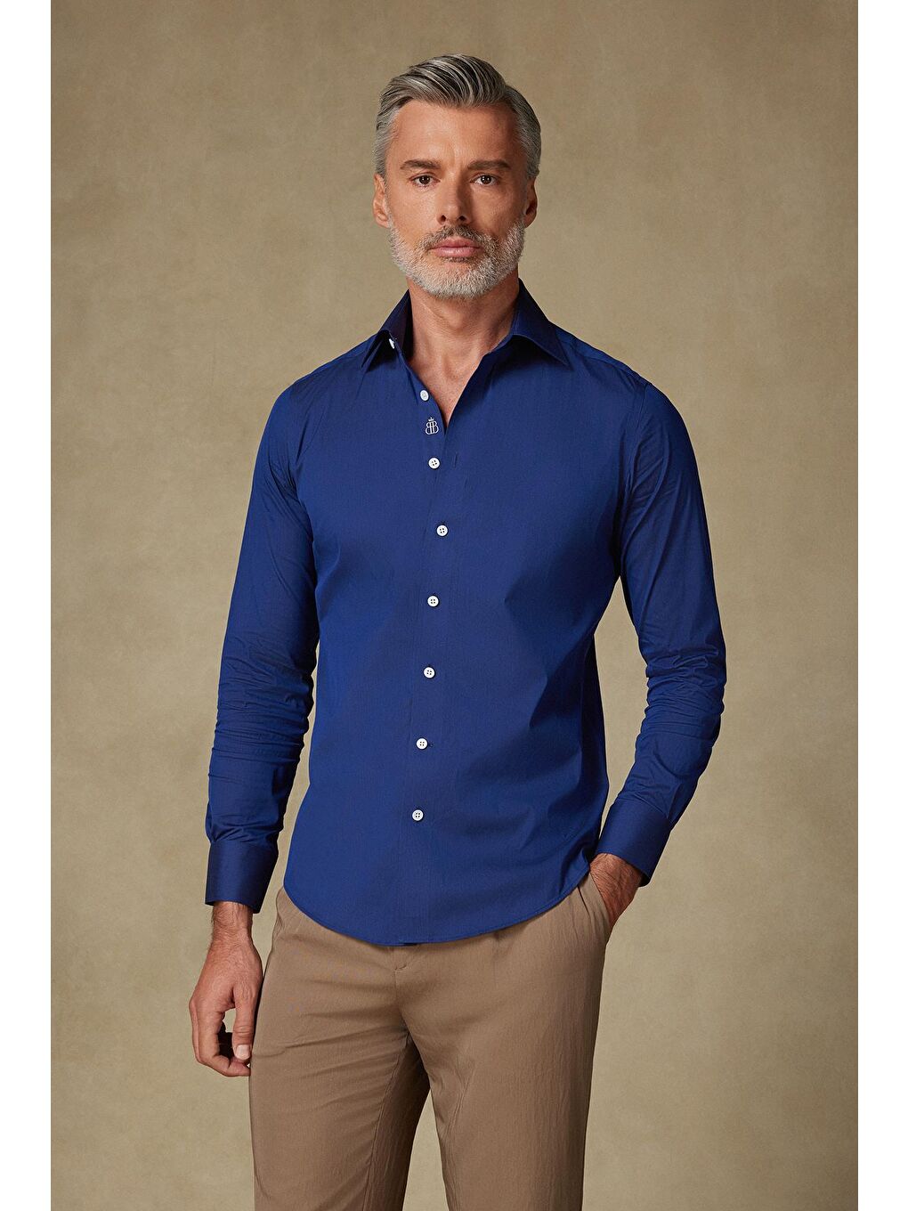 Sartoria Poplin Stretch Pamuk Karışımlı Slim Fit Lacivert İtalyan Yaka Erkek Düz Gömlek