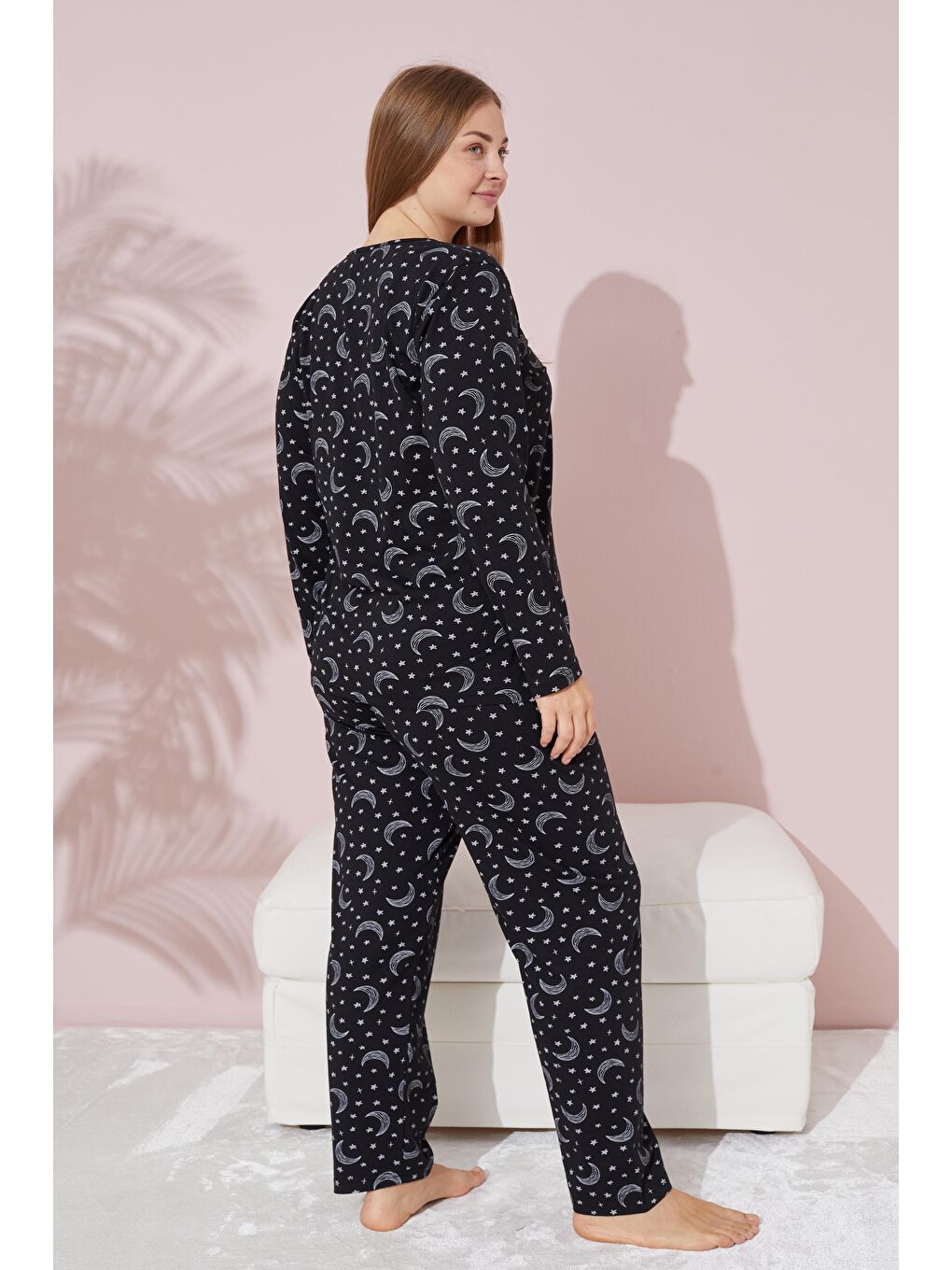 Siyah Ay Desenli Curve Büyük Beden Örme Pamuklu Pijama Takımı-1