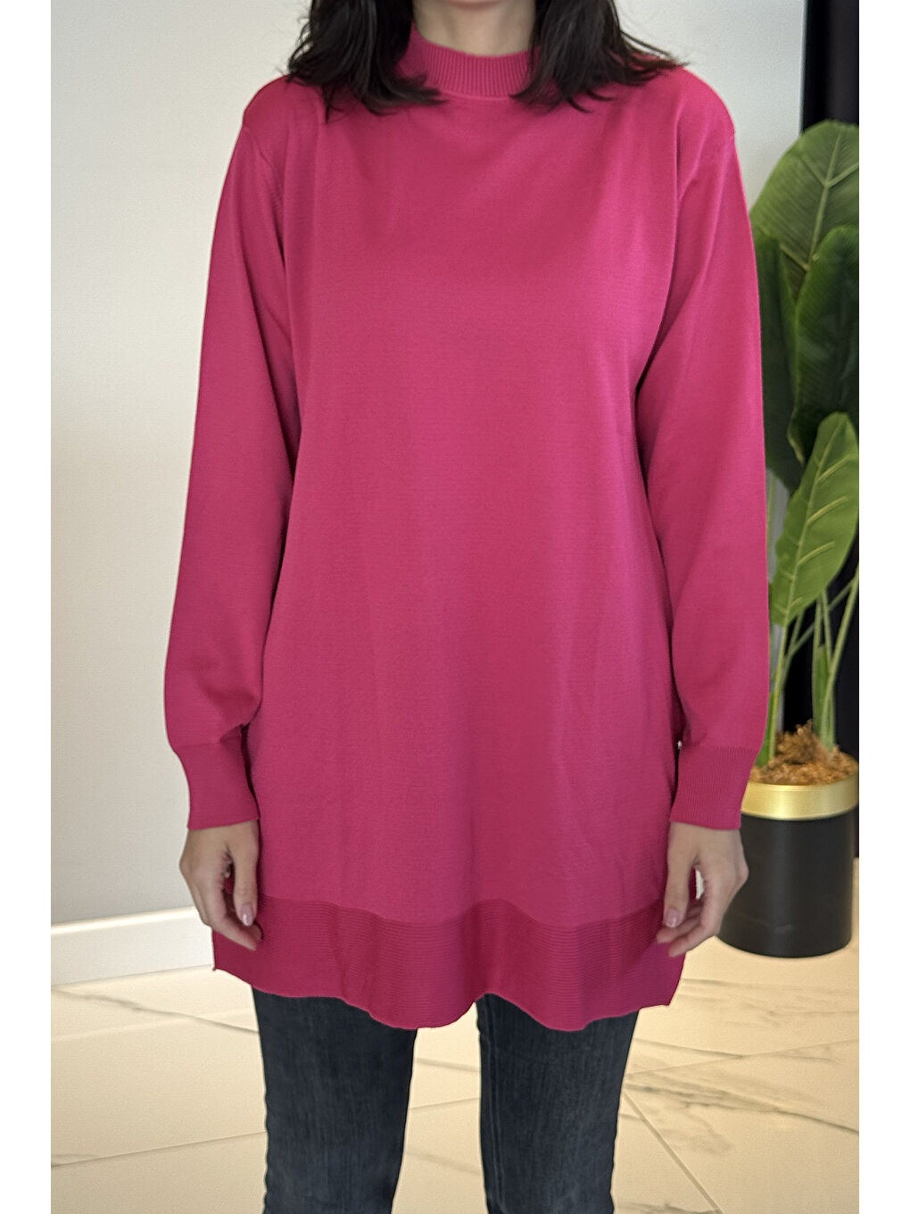 Düğme Detay Triko Tunik 34120 Fuşya-3
