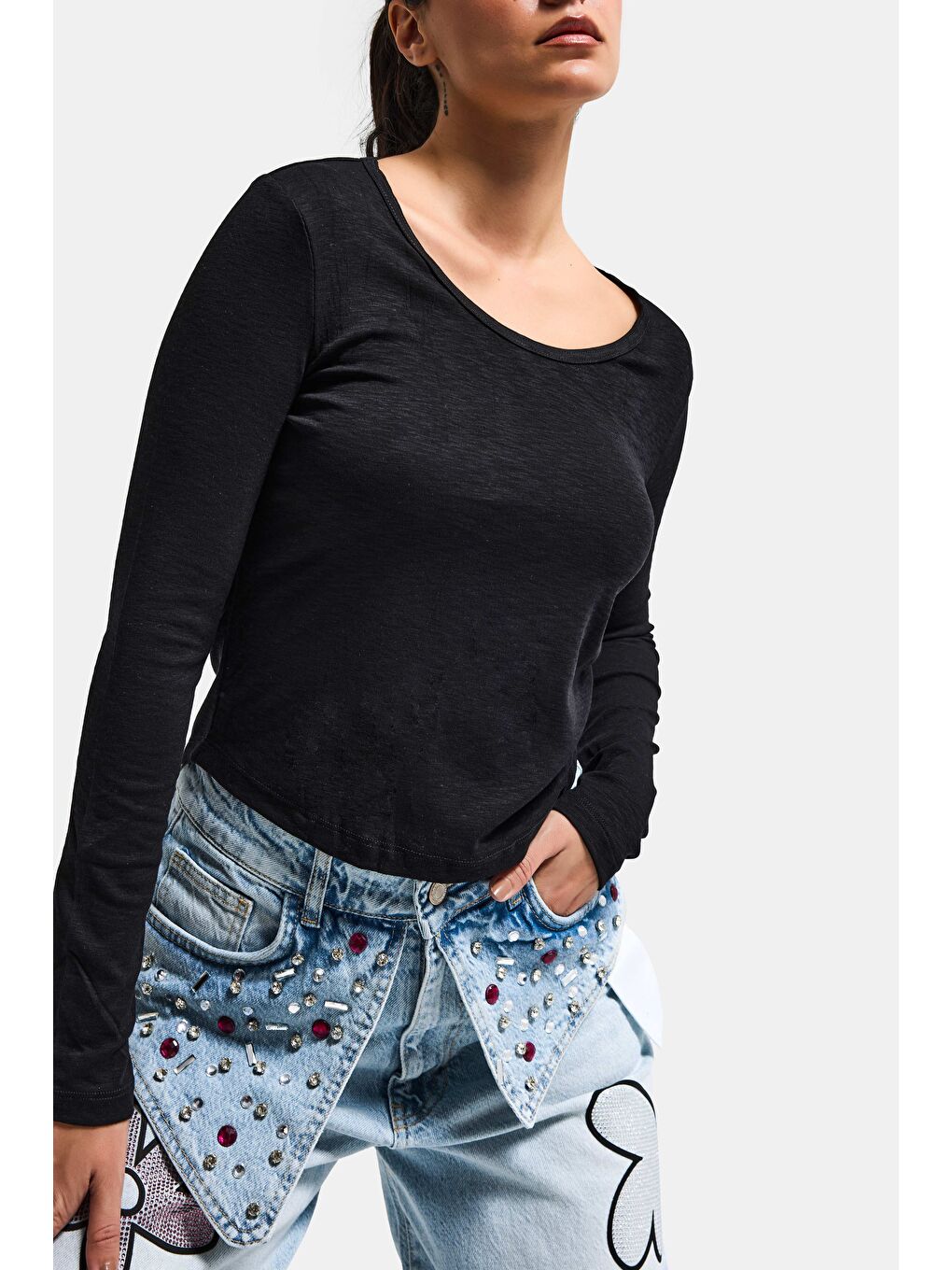 Kadın Siyah w5 %100 Organik Pamuk Esnek Rahat Kesim Bluz-4