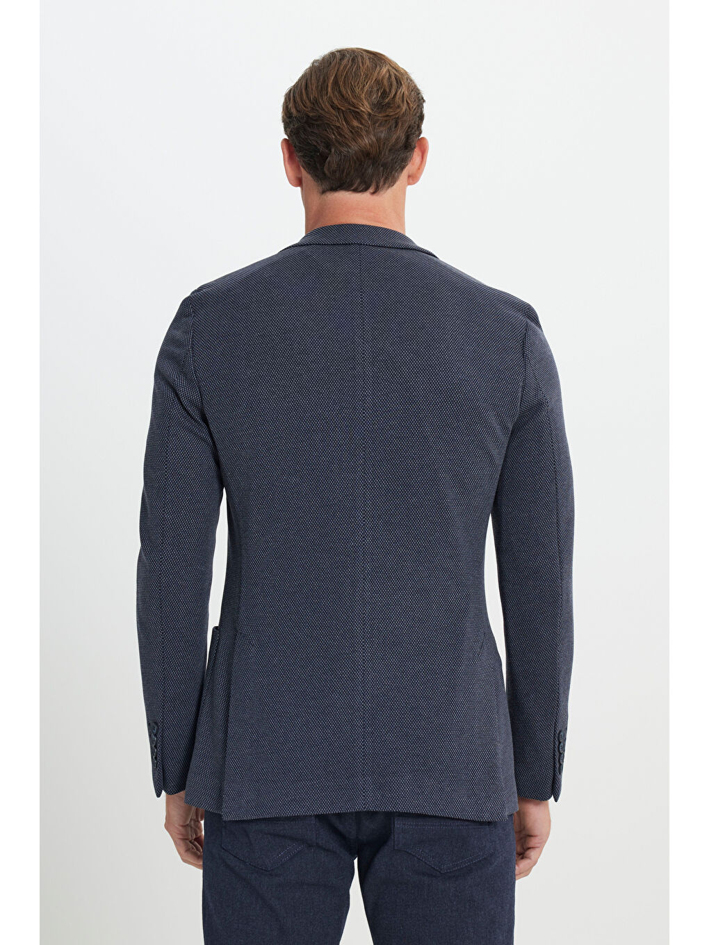 Erkek Lacivert Slim Fit Dar Kesim Mono Yaka Desenli Torba Cepli Ceket-4