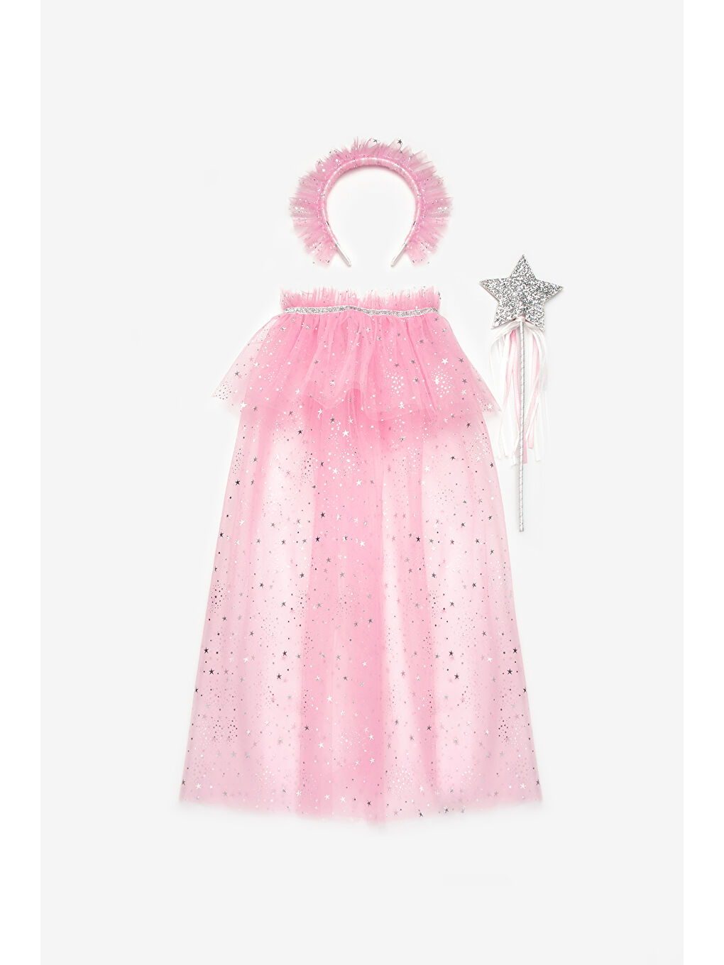 Pembe Gümüş Yıldız Desenli Kız Çocuk Pelerin Asa ve Taç Set-1