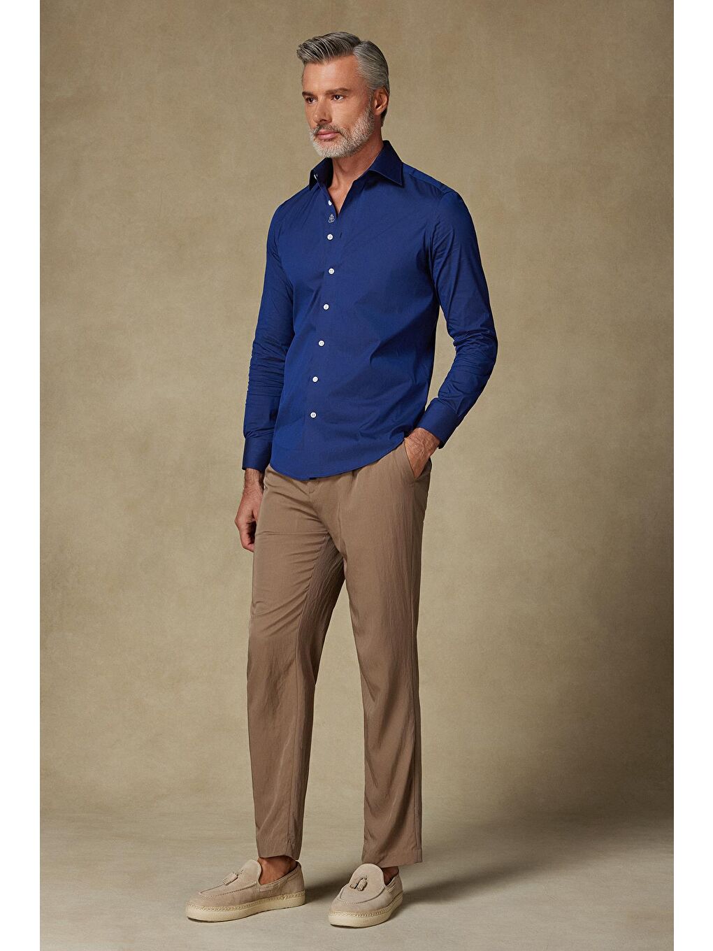 Sartoria Poplin Stretch Pamuk Karışımlı Slim Fit Lacivert İtalyan Yaka Erkek Düz Gömlek-2