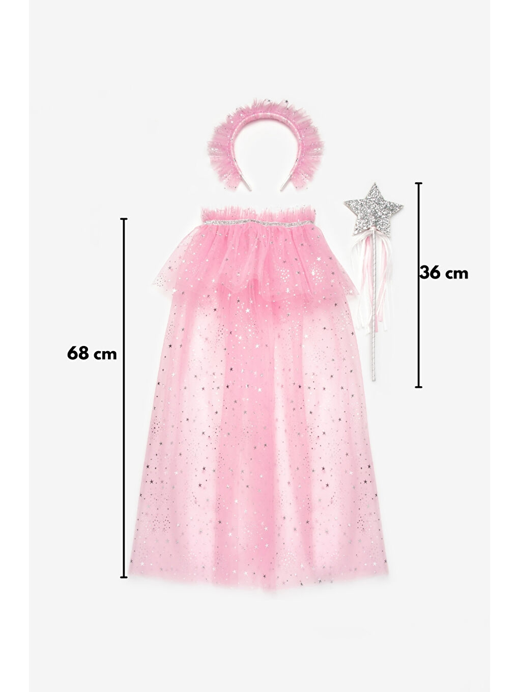 Pembe Gümüş Yıldız Desenli Kız Çocuk Pelerin Asa ve Taç Set-2