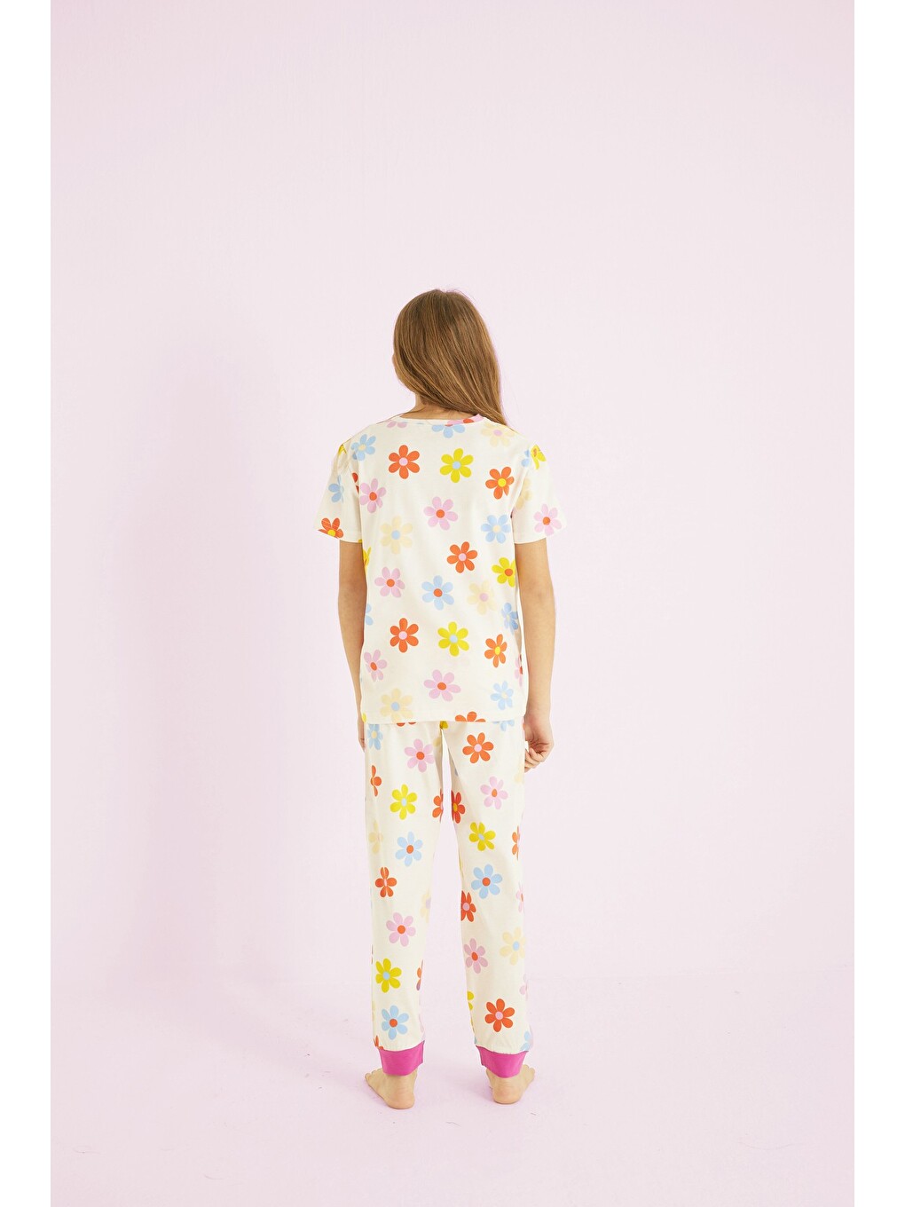 Ekru Kız Çocuk %100 Pamuk Çiçek Baskılı Bisiklet Yaka Pijama Takım 25110054-1