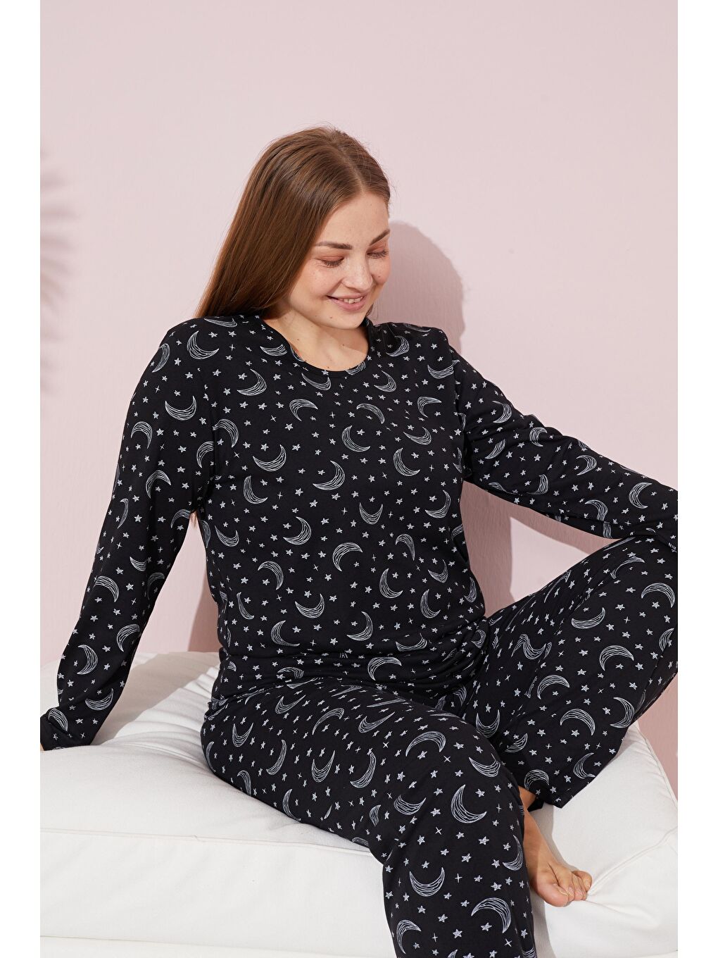 Siyah Ay Desenli Curve Büyük Beden Örme Pamuklu Pijama Takımı-2