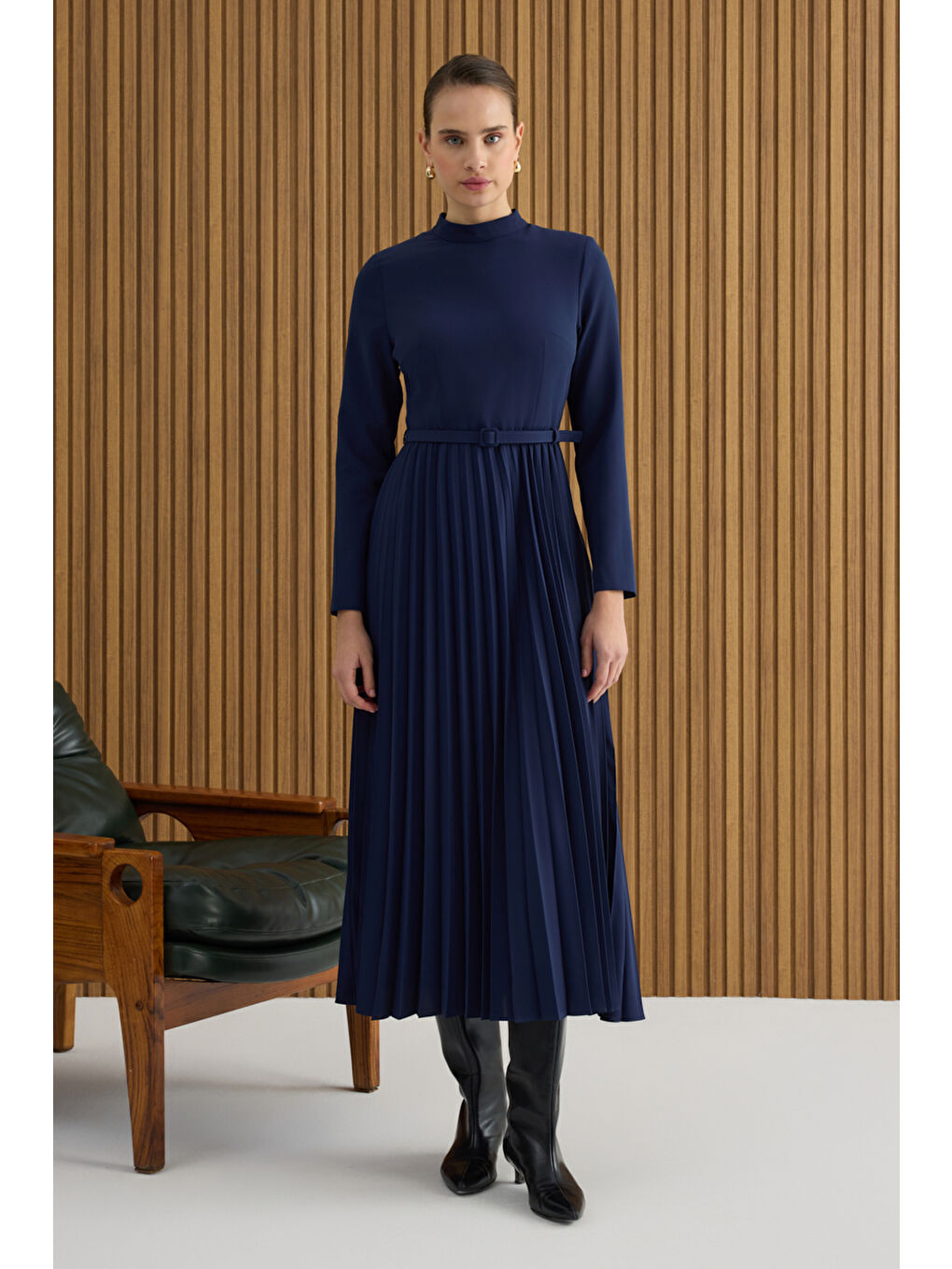 Lacivert Piliseli Elbise-2