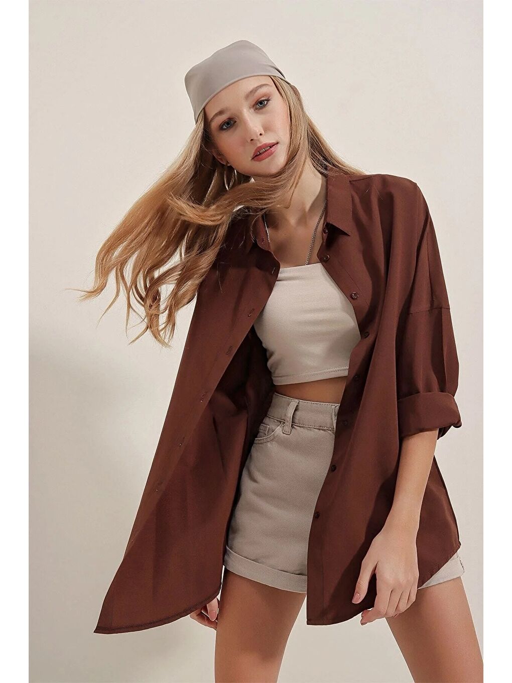 3900 Oversize Uzun Basic Gömlek İkili Paket - Beyaz Ve Kahve-1