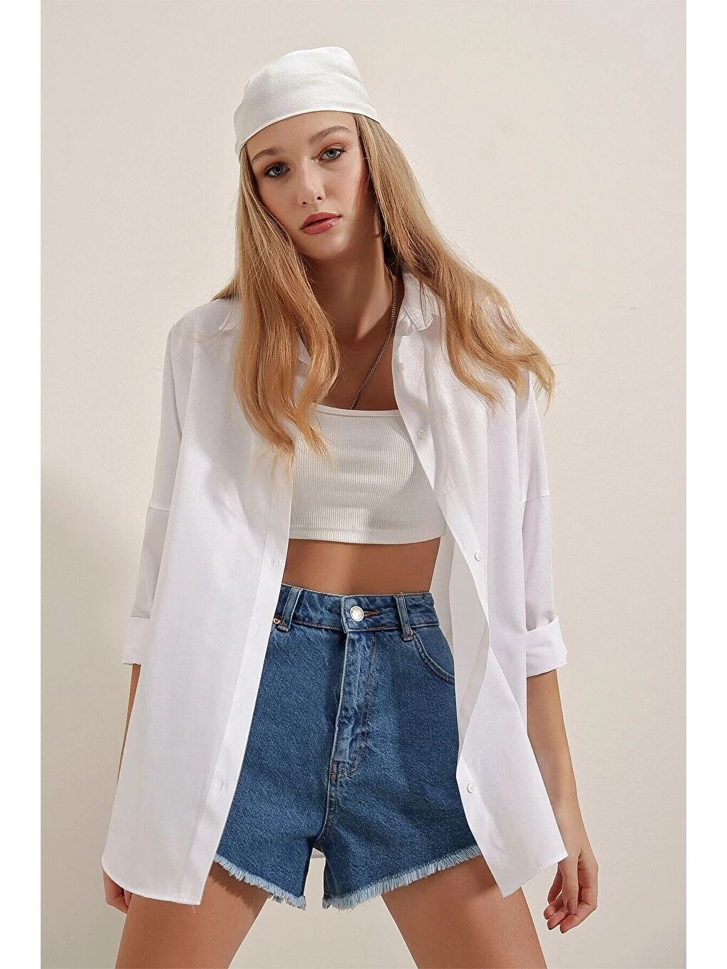 3900 Oversize Uzun Basic Gömlek İkili Paket - Beyaz Ve Kahve-2