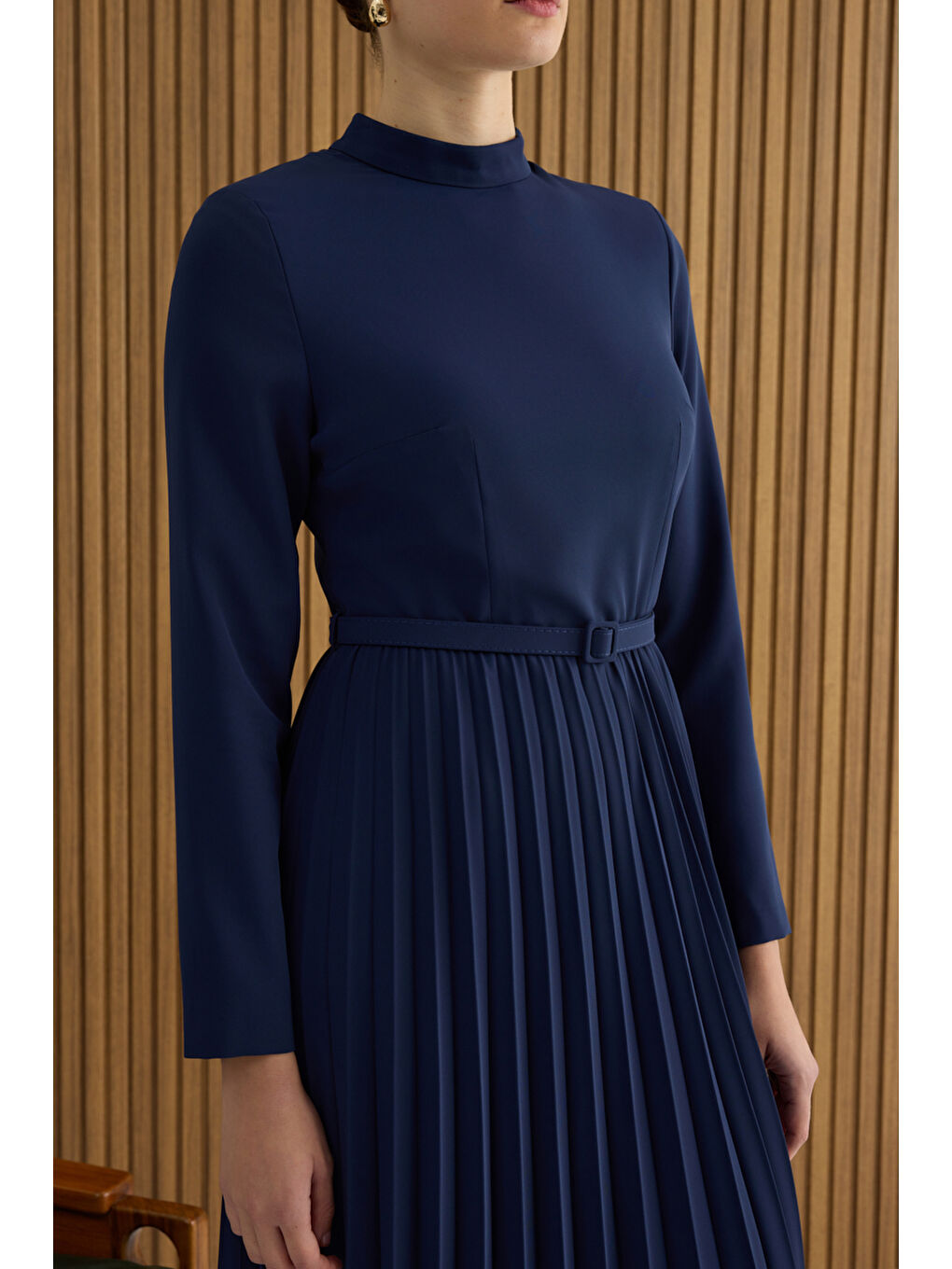 Lacivert Piliseli Elbise-3