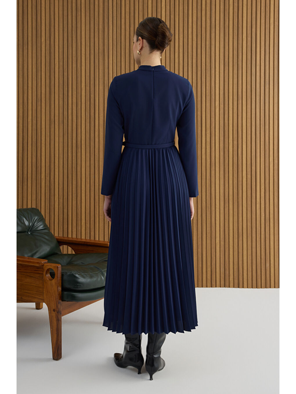 Lacivert Piliseli Elbise-4