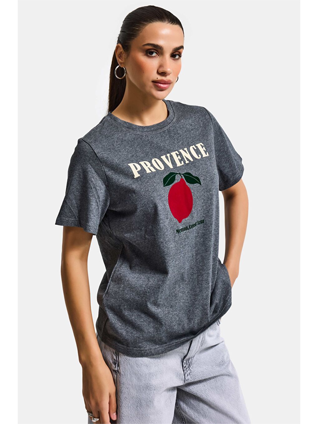 Kadın Gri w5 Oversize Baskılı %100 Pamuk T-Shirt-2