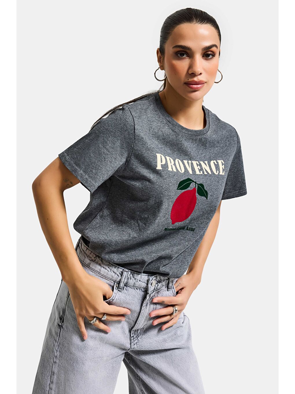 Kadın Gri w5 Oversize Baskılı %100 Pamuk T-Shirt-3