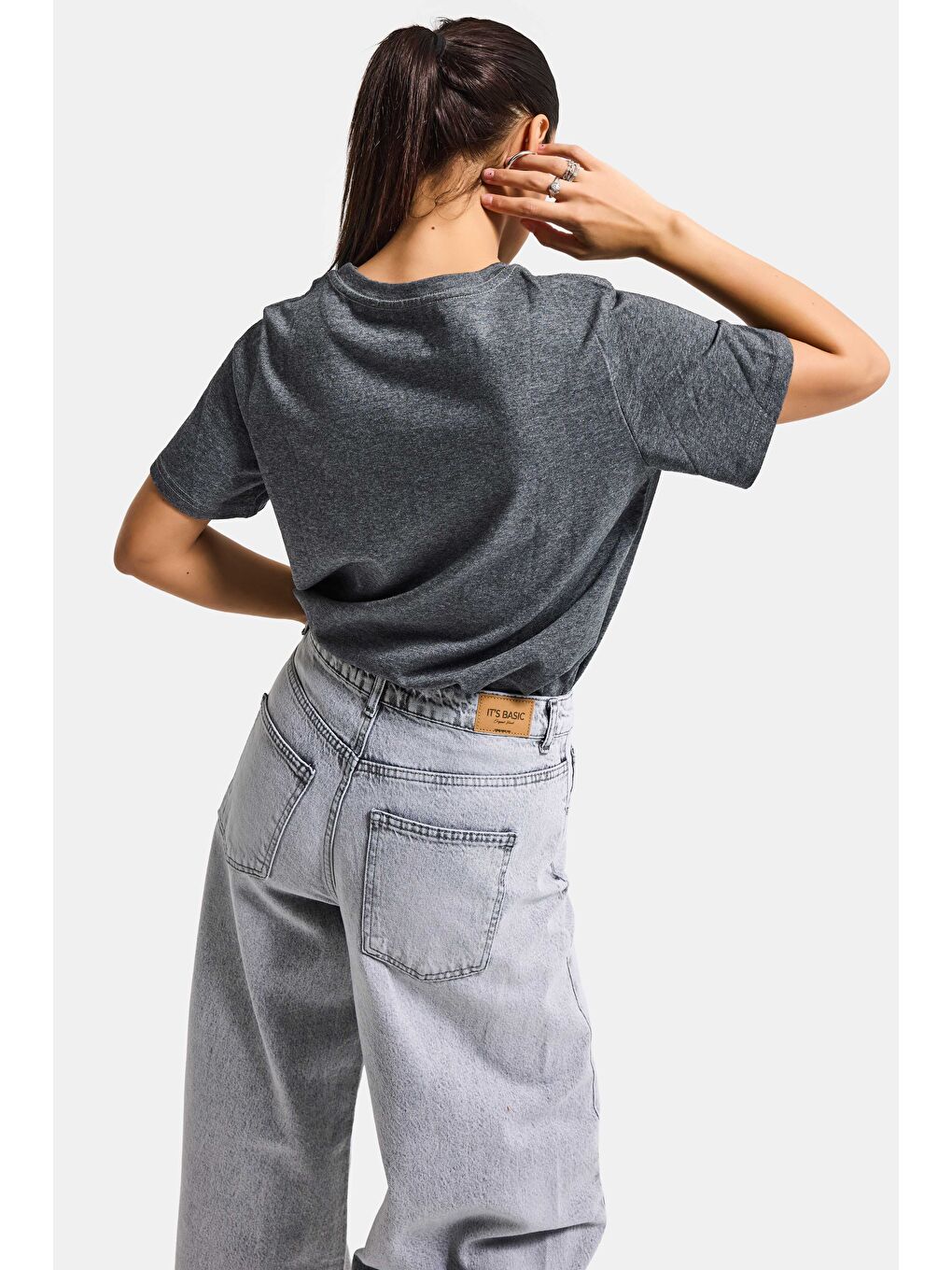 Kadın Gri w5 Oversize Baskılı %100 Pamuk T-Shirt-4