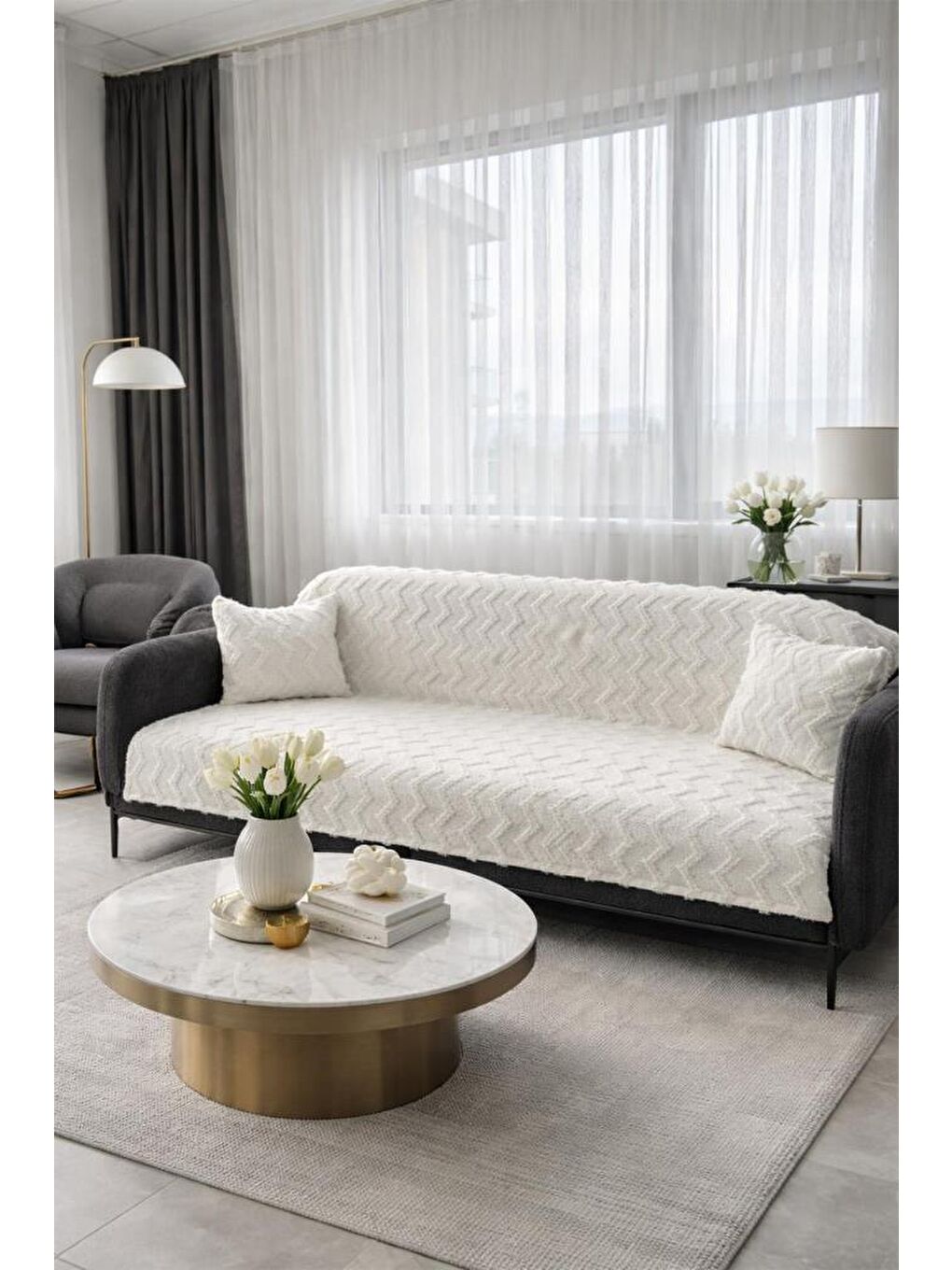 Ekru Lumpa Kırlent Kılıfı Hediyeli 170x210 cm Pamuklu Koltuk Örtüsü Krem