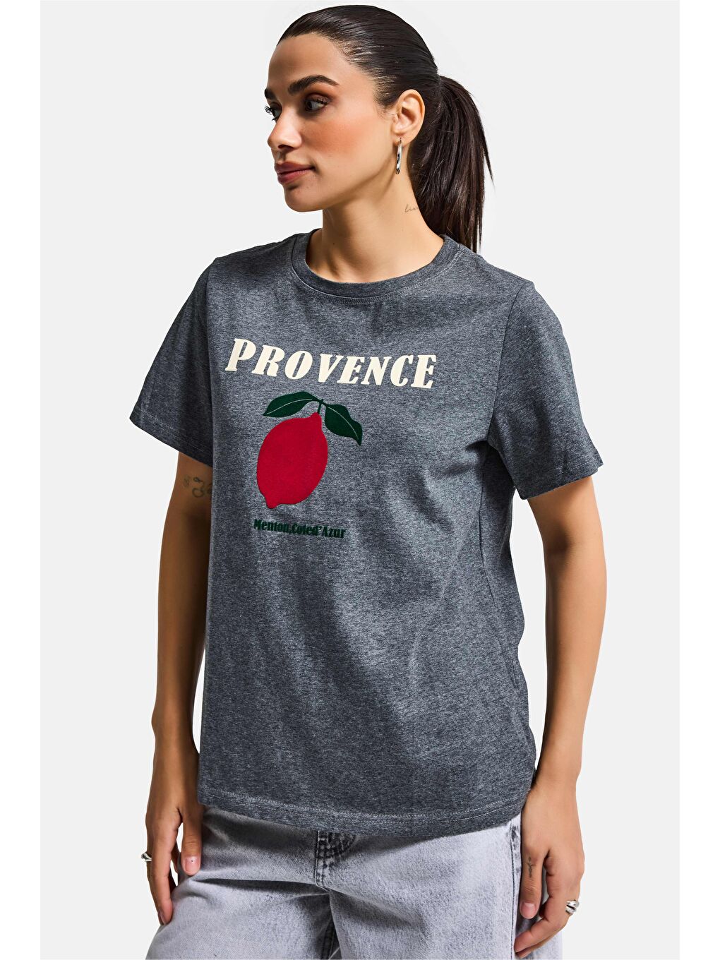 Kadın Gri w5 Oversize Baskılı %100 Pamuk T-Shirt-5