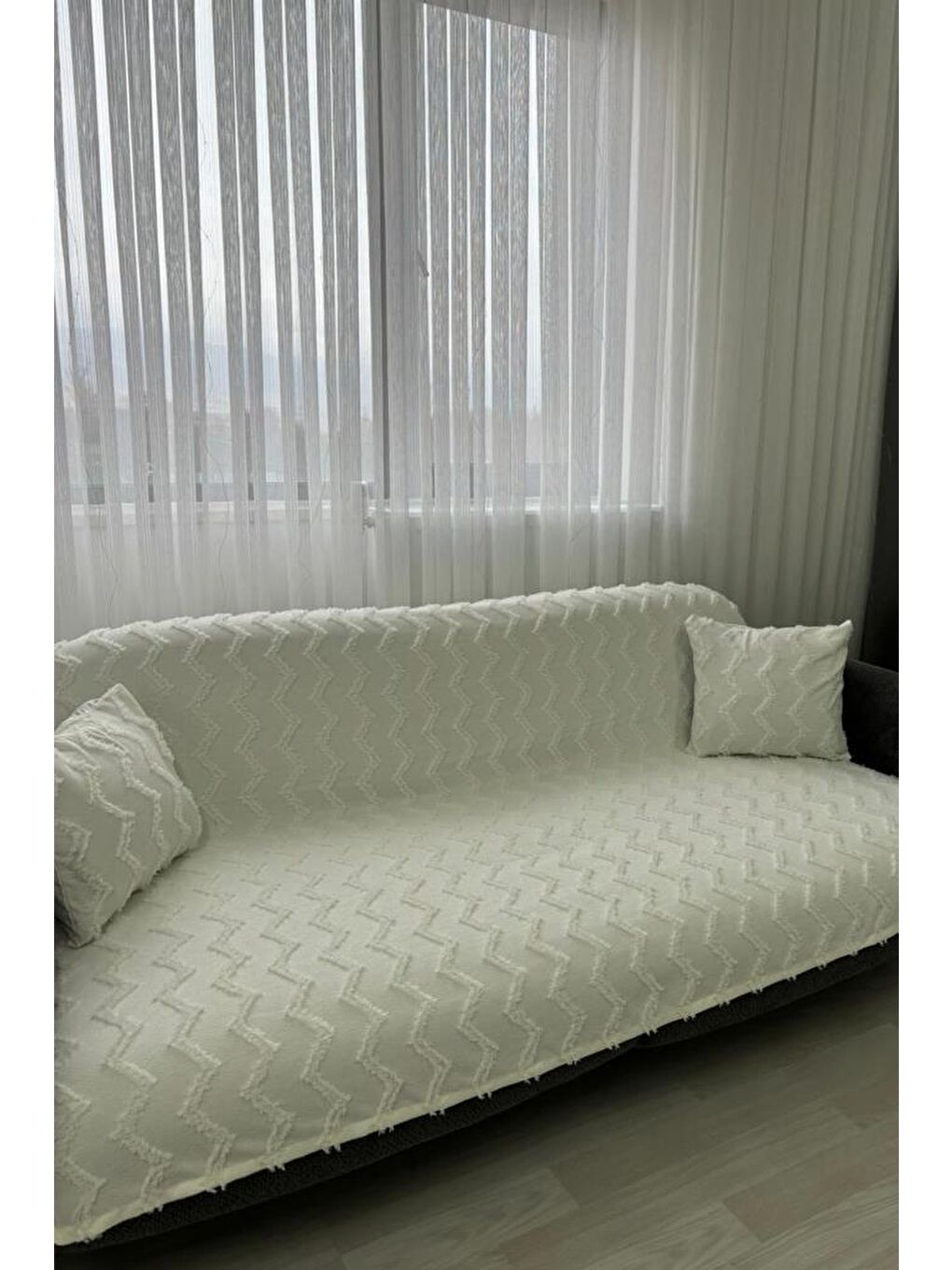 Ekru Lumpa Kırlent Kılıfı Hediyeli 170x210 cm Pamuklu Koltuk Örtüsü Krem-1