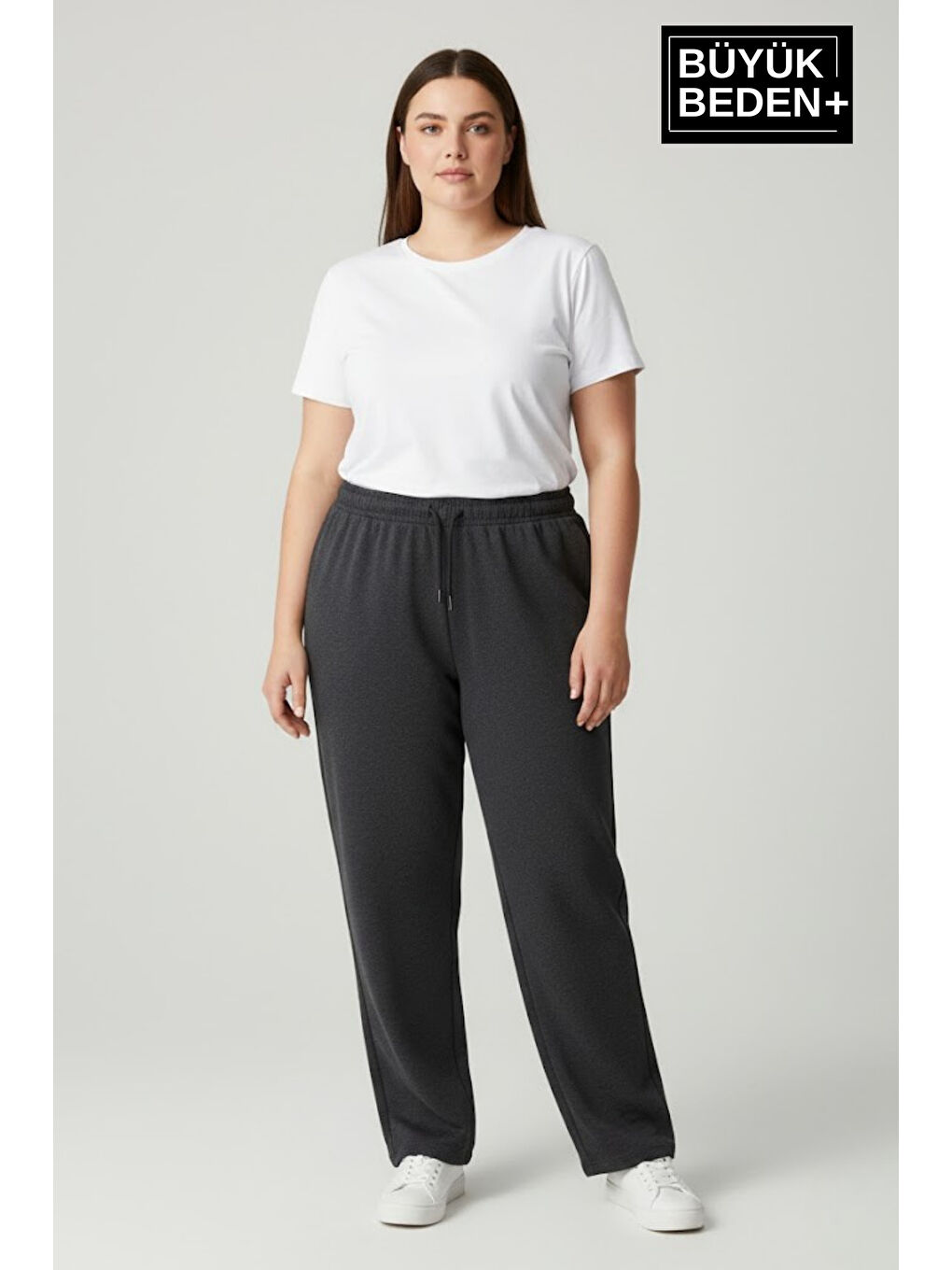 Antrasit Kadın Büyük Beden Rahat Kesim Paça Reçme AR Baskılı İnce Eşofman Altı SPR26EAK952-1