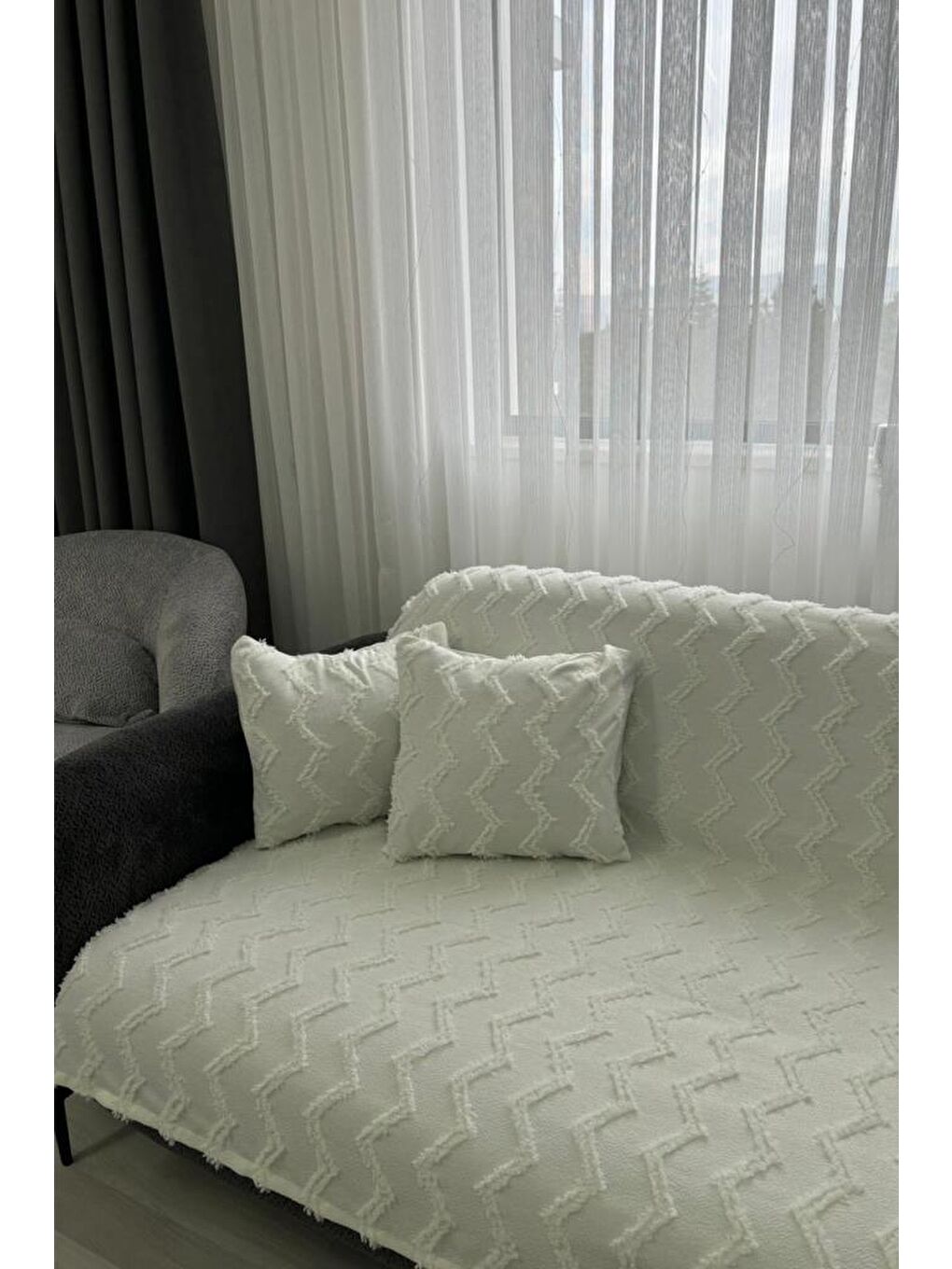 Ekru Lumpa Kırlent Kılıfı Hediyeli 170x210 cm Pamuklu Koltuk Örtüsü Krem-2