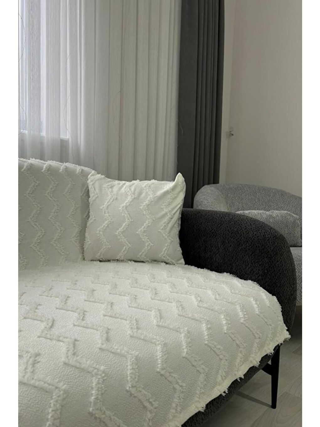 Ekru Lumpa Kırlent Kılıfı Hediyeli 170x210 cm Pamuklu Koltuk Örtüsü Krem-3