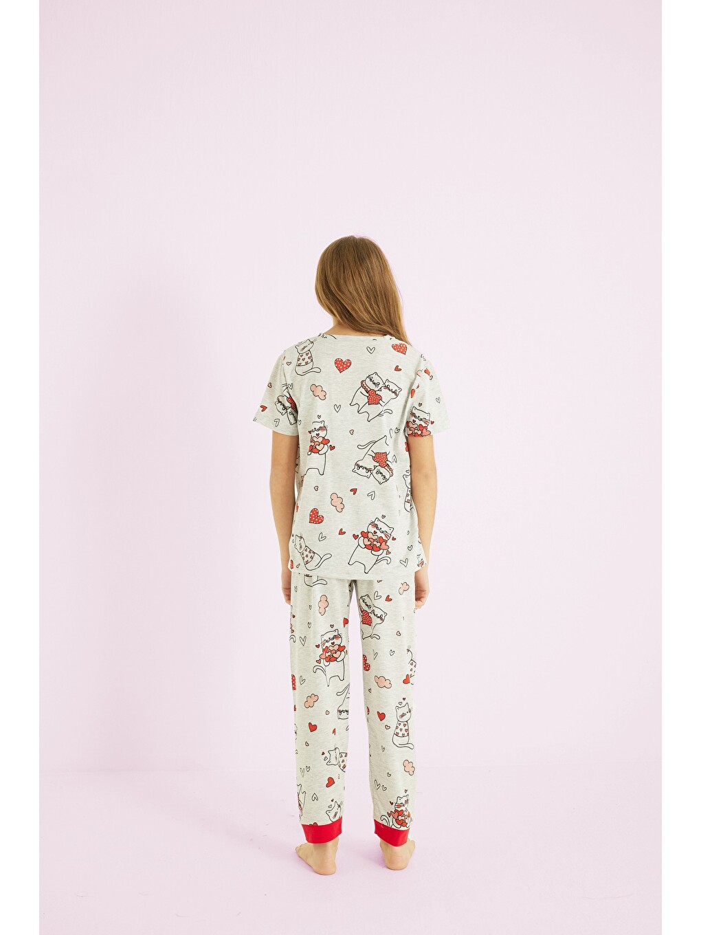 Gri Kız Çocuk %100 Pamuk Kedi Kalp Baskılı Bisiklet Yaka Pijama Takım 25110053-1
