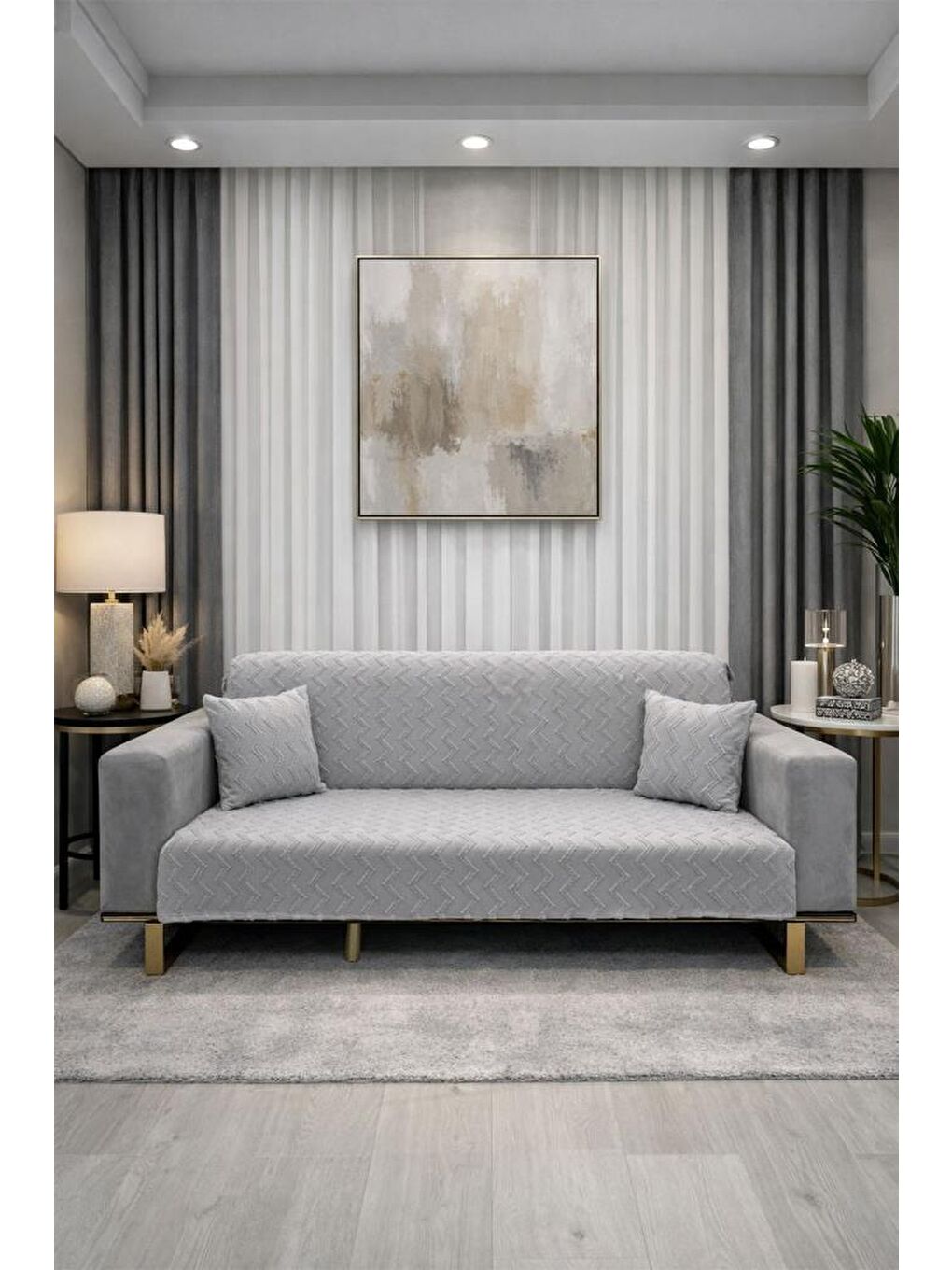 Lumpa Kırlent Kılıfı Hediyeli 170x210 cm Pamuklu Koltuk Örtüsü Gri