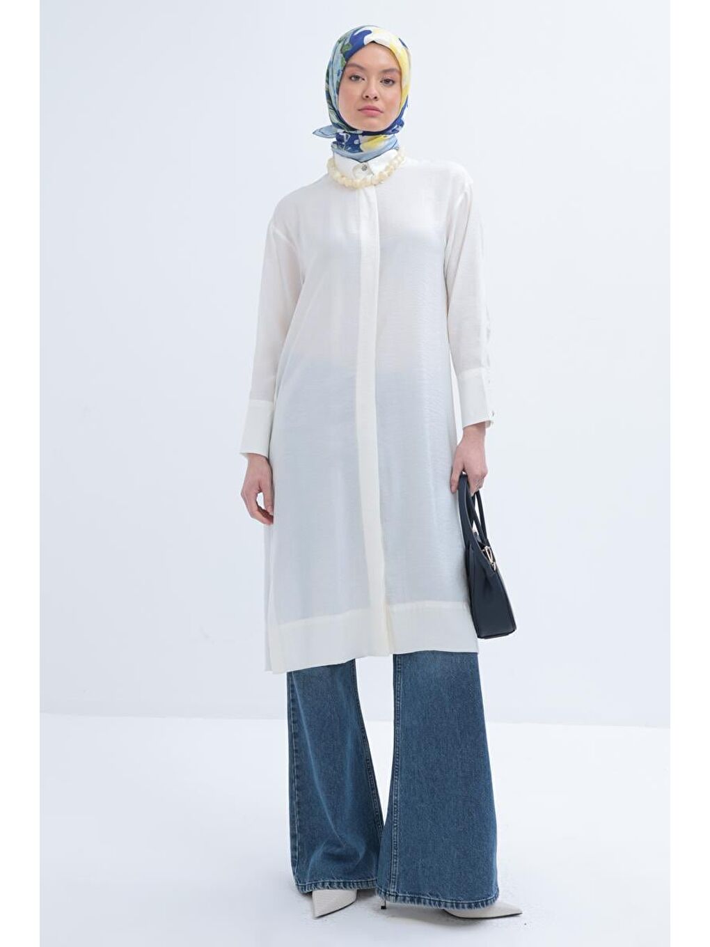 Ekru-Taş Düğmeli Uzun Modal Gömlek-1