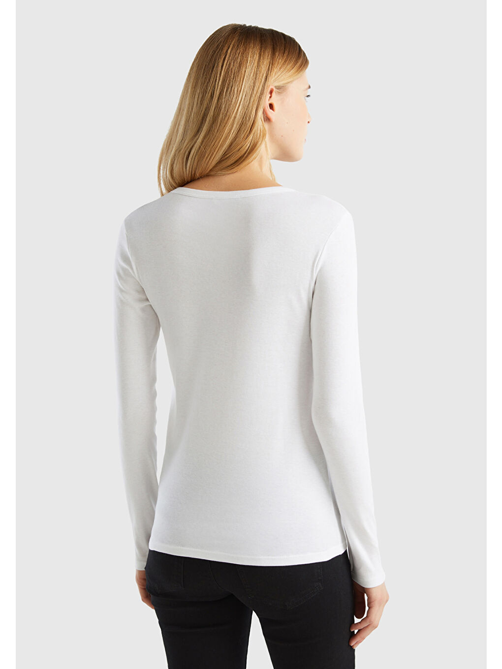 Kadın Beyaz Basic Bisiklet Yaka Uzun Kollu Tişört-2