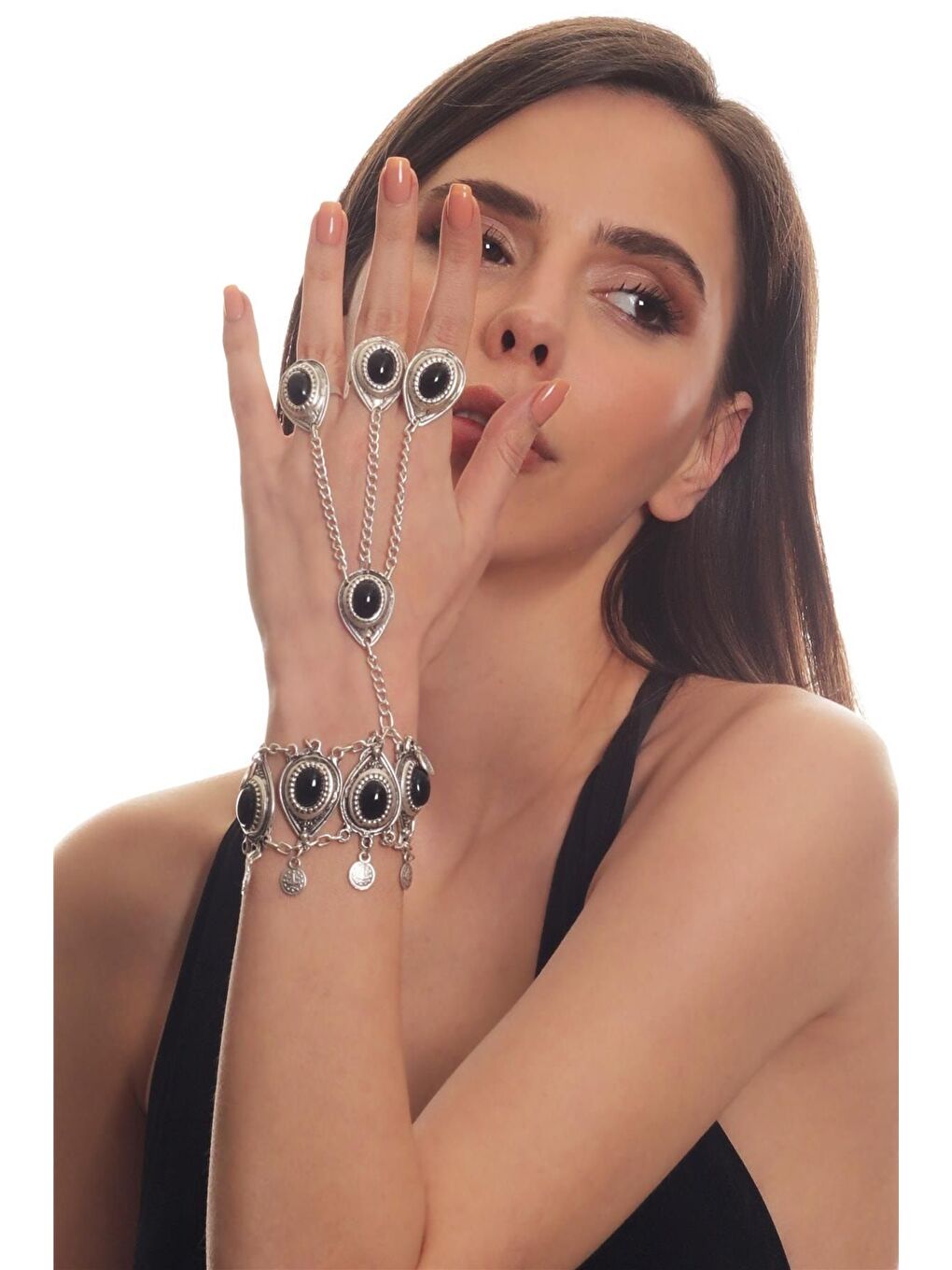 Gri Kadın Antik Gümüş Kaplama Boncuklu Ayarlanabilir 3 Yüzük Detaylı El Şahmeranı-2