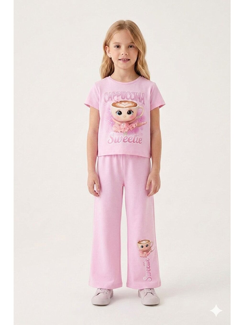 Açık Pembe Ballerin Baskılı Geniş Paça Taytlı Kız Çocuk 2li Takım 23800