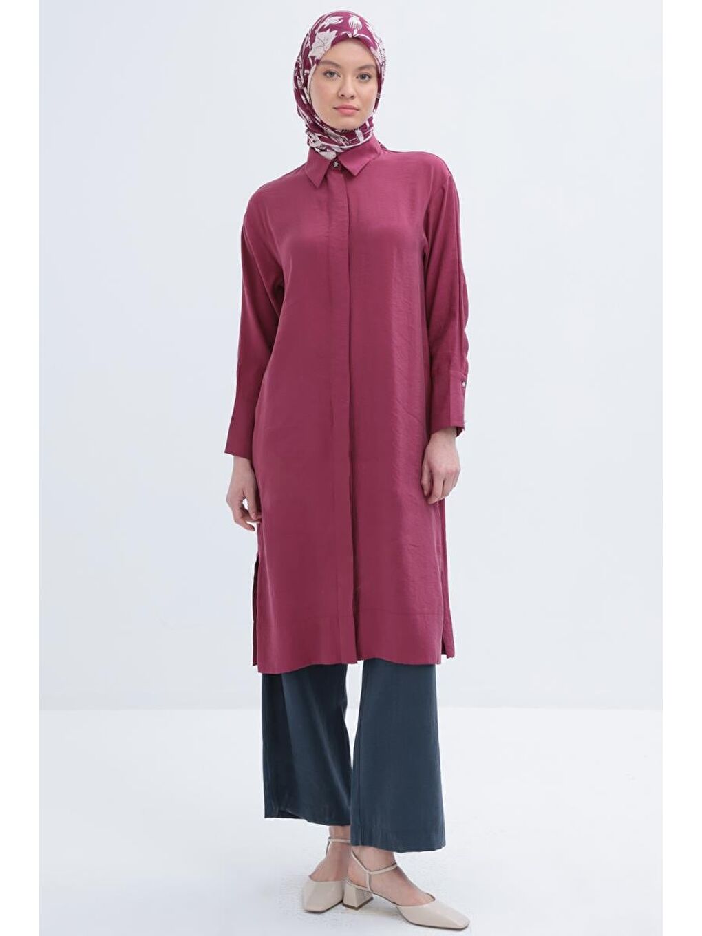 Fuşya Vişne-Taş Düğmeli Uzun Modal Gömlek-1