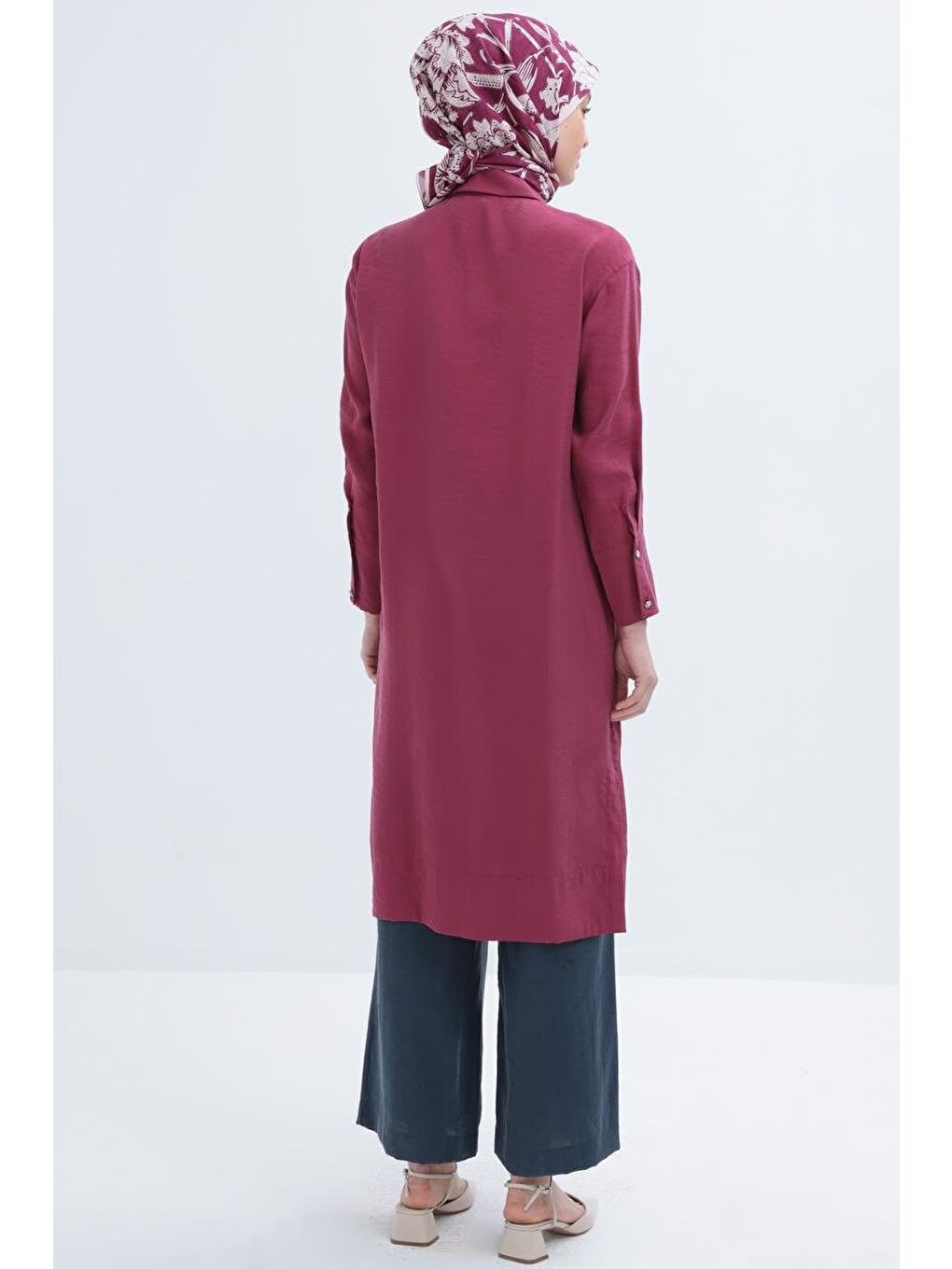 Fuşya Vişne-Taş Düğmeli Uzun Modal Gömlek-3