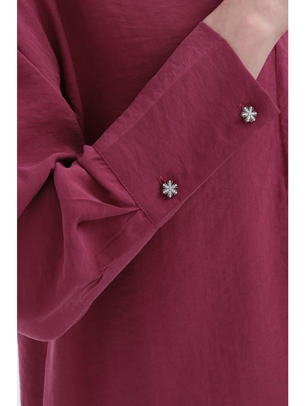 Fuşya Vişne-Taş Düğmeli Uzun Modal Gömlek-4