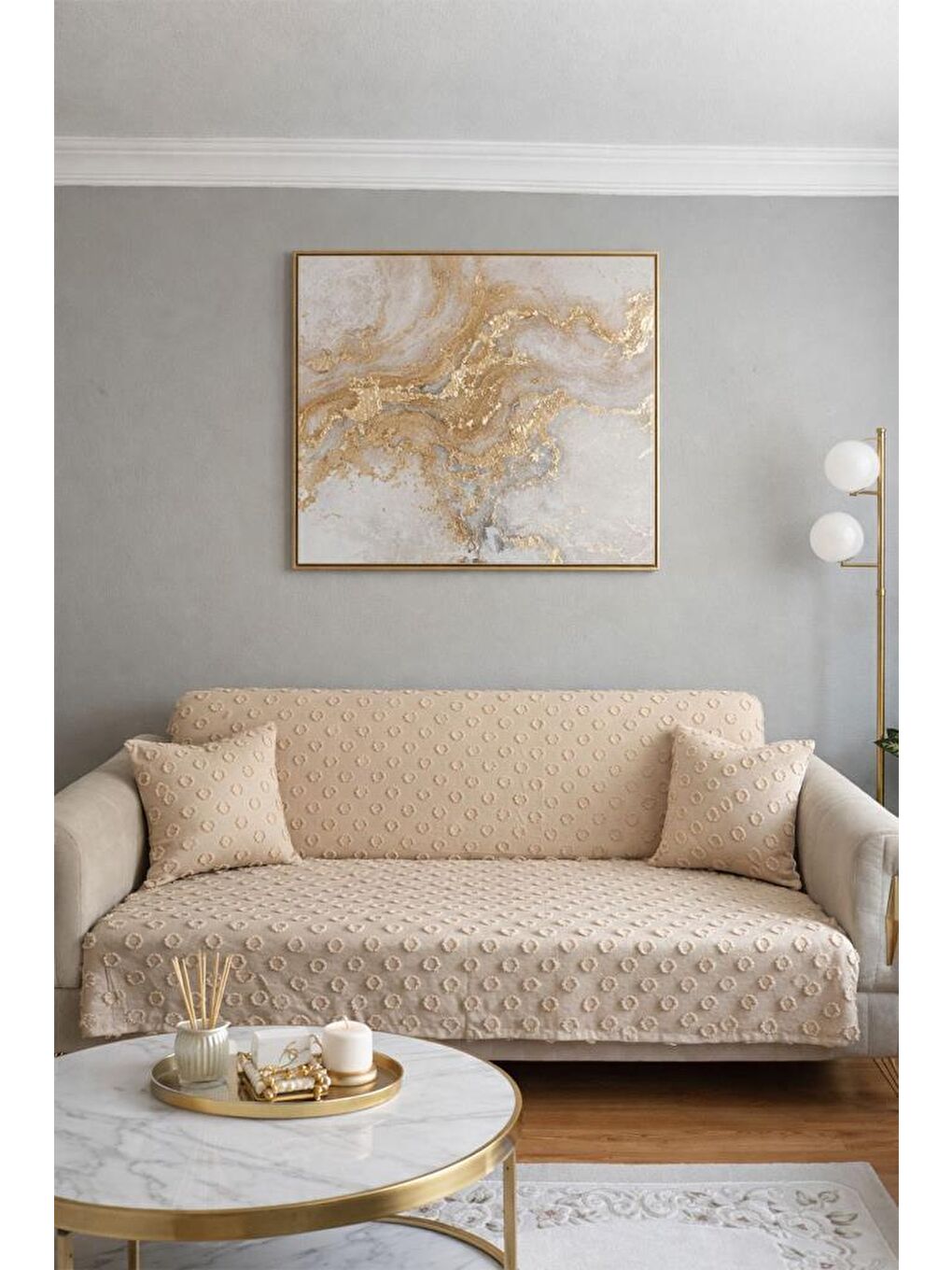 Konik Kırlent Kılıfı Hediyeli 170x210 cm Pamuklu Koltuk Örtüsü Bej