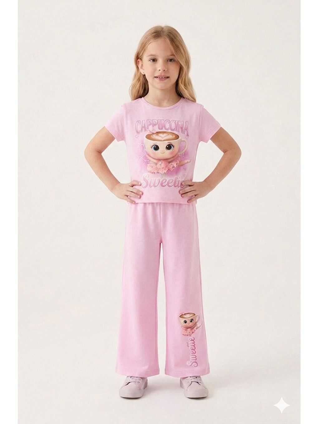 Açık Pembe Ballerin Baskılı Geniş Paça Taytlı Kız Çocuk 2li Takım 23800-1