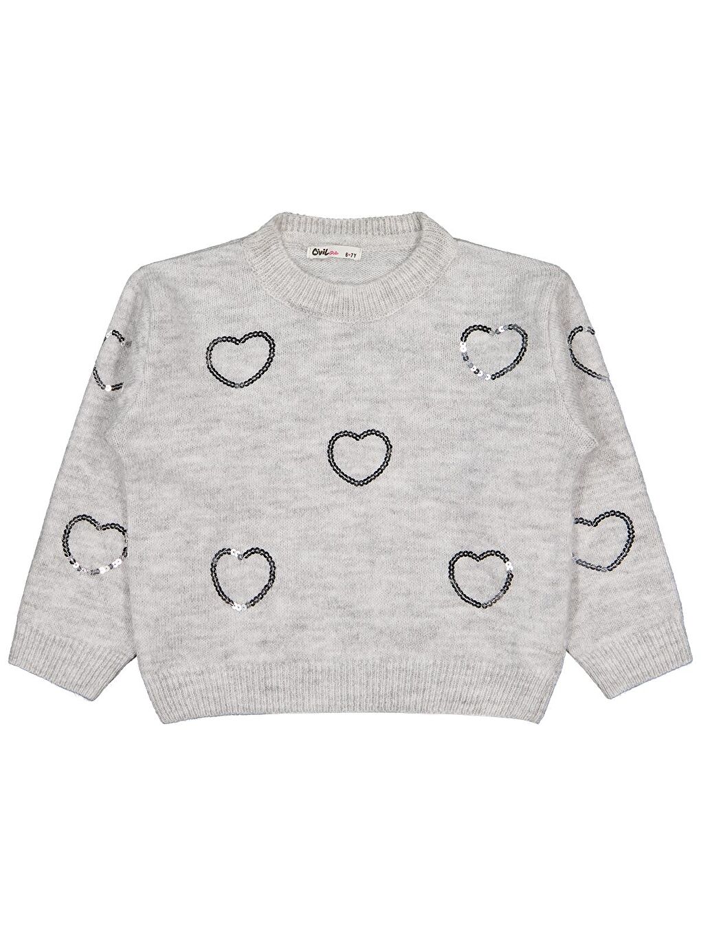 Girls Pullu Kalp Nakışlı 6-9 Yaş Kazak - Gri 6-7 Yaş