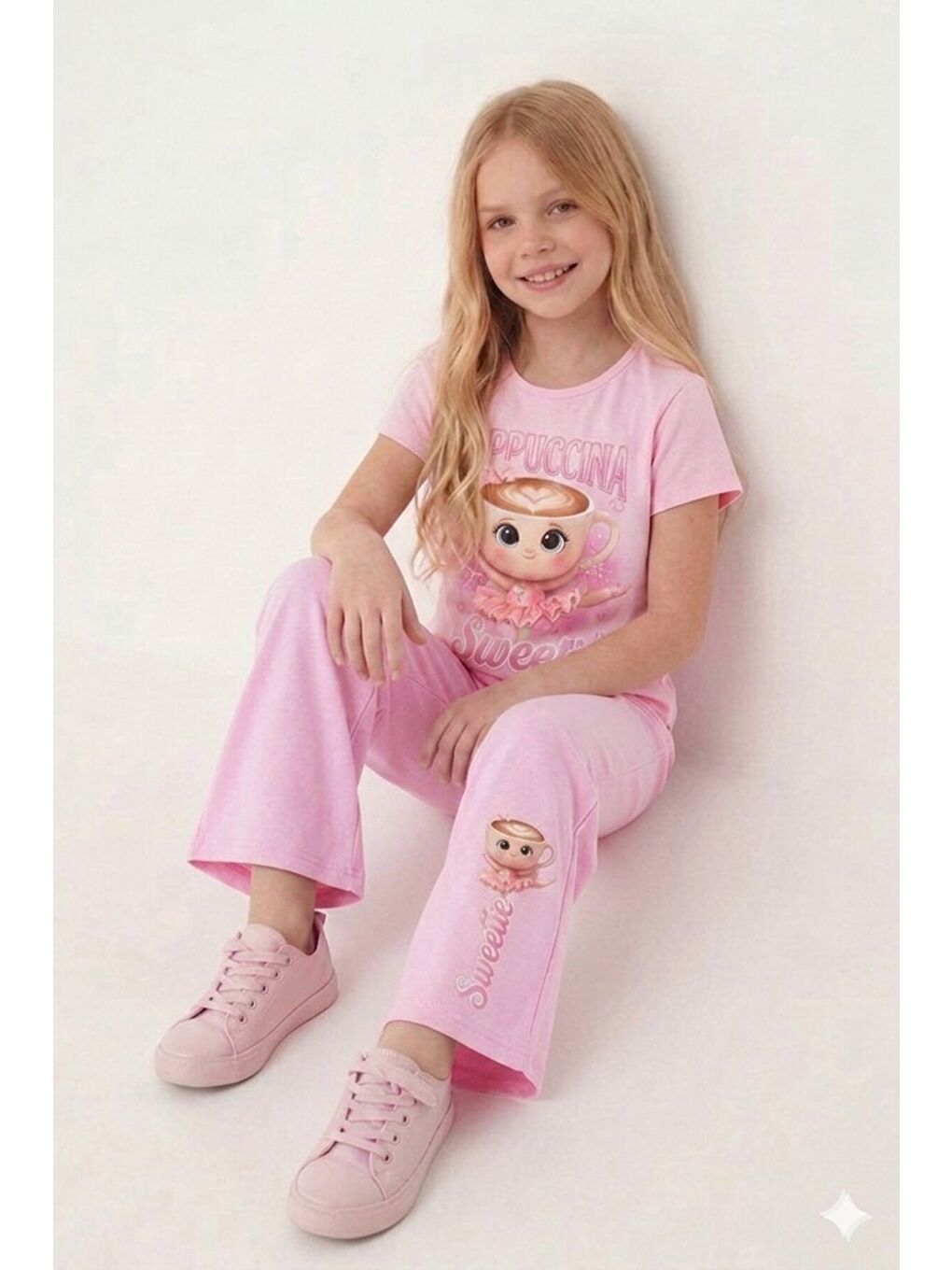 Açık Pembe Ballerin Baskılı Geniş Paça Taytlı Kız Çocuk 2li Takım 23800-2