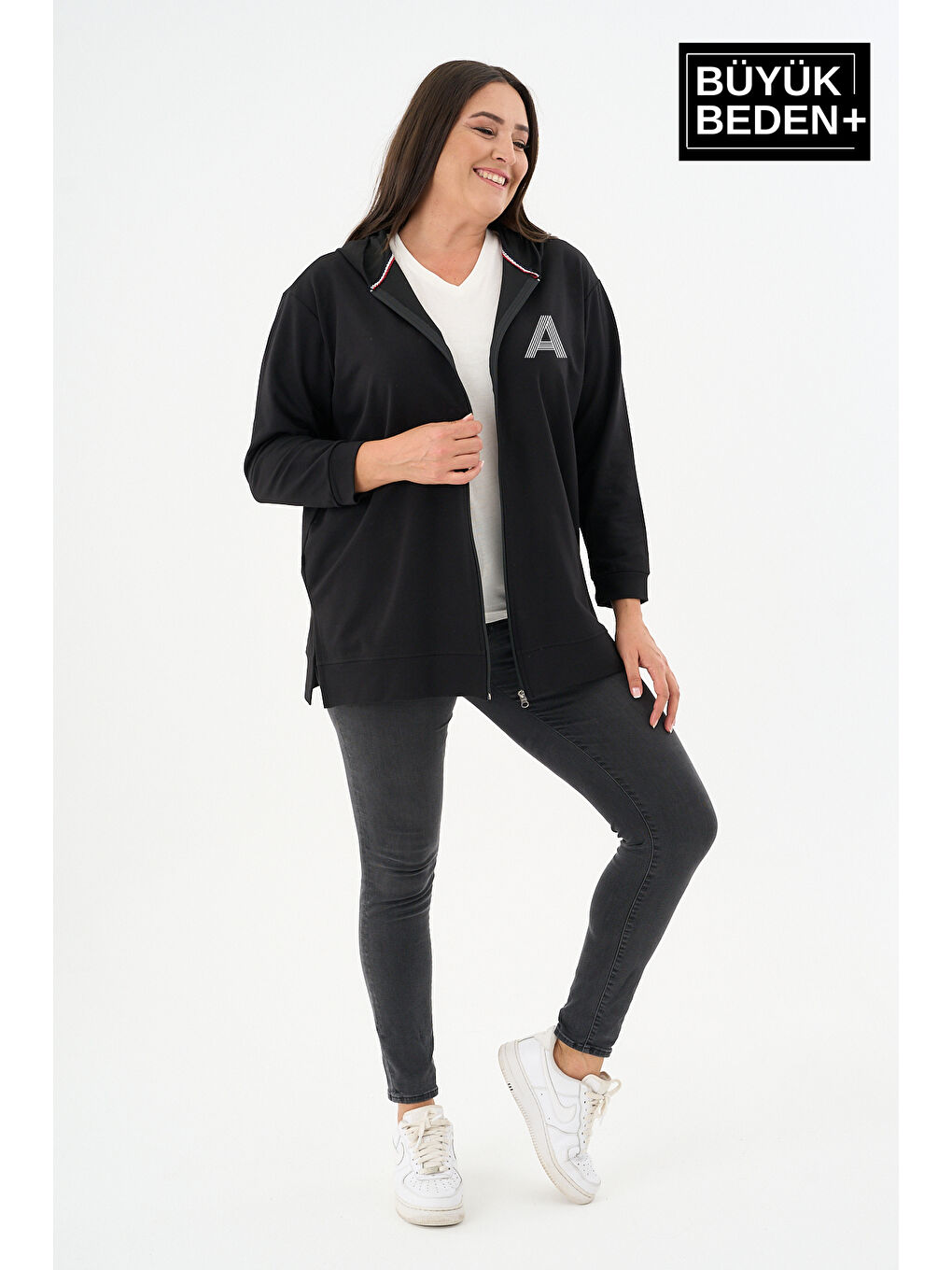 Siyah Kadın Tunik Büyük Beden A Baskılı Fermuarlı Kapüşonlu Sweat Hırka SPR26BTK955-3-1