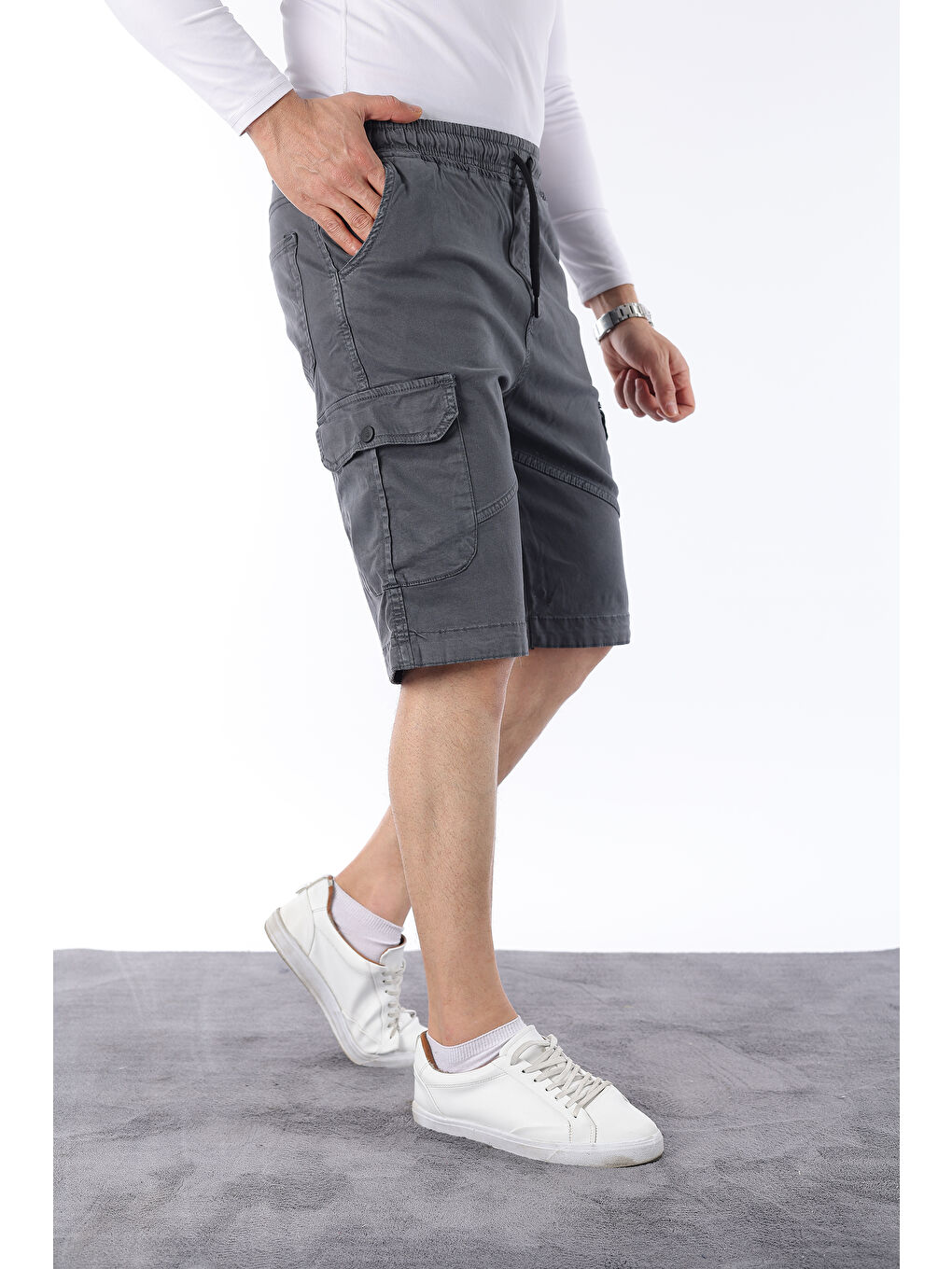 Antrasit Erkek Beli Lastikli Dikiş Detaylı Kargo Cep Kapri Şort-1