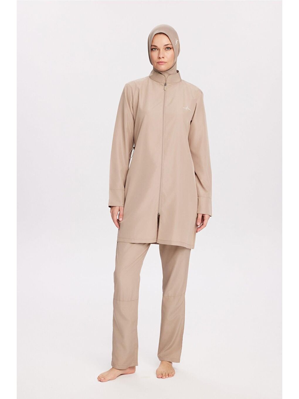 Bej Vizon Dokuma 5 Parça Tam Tesettür Mayo Takımı 6026-3