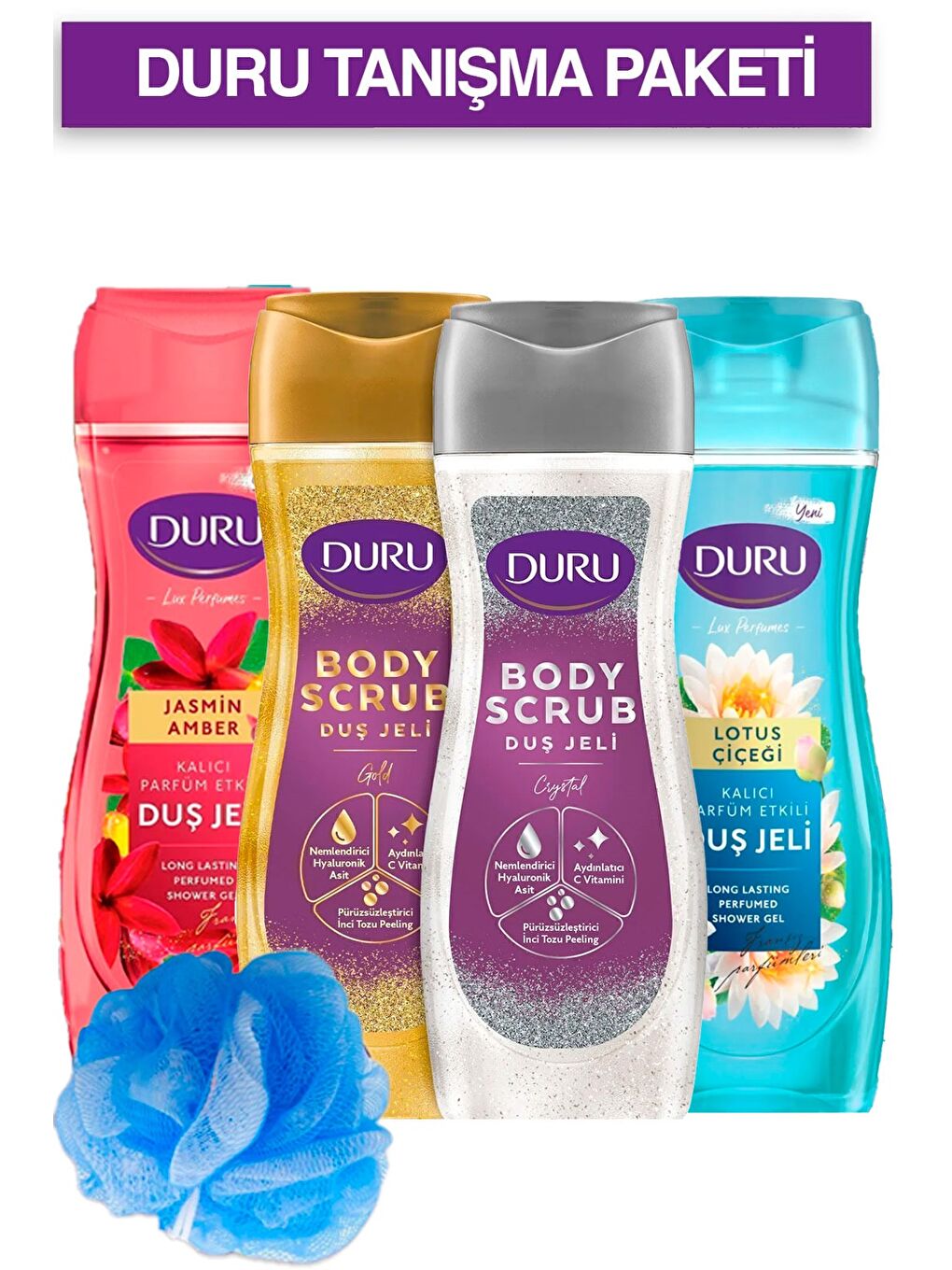Duru Tanışma Paketi (Scrub Crystal,Scrub Gold,Jasmin Amber,Lotus Çiçeği)