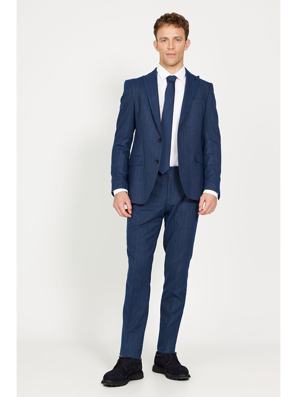 Erkek Lacivert Ekstra Slim Fit Dar Kesim Kırlangıç Yaka Çizgili Takım Elbise-2