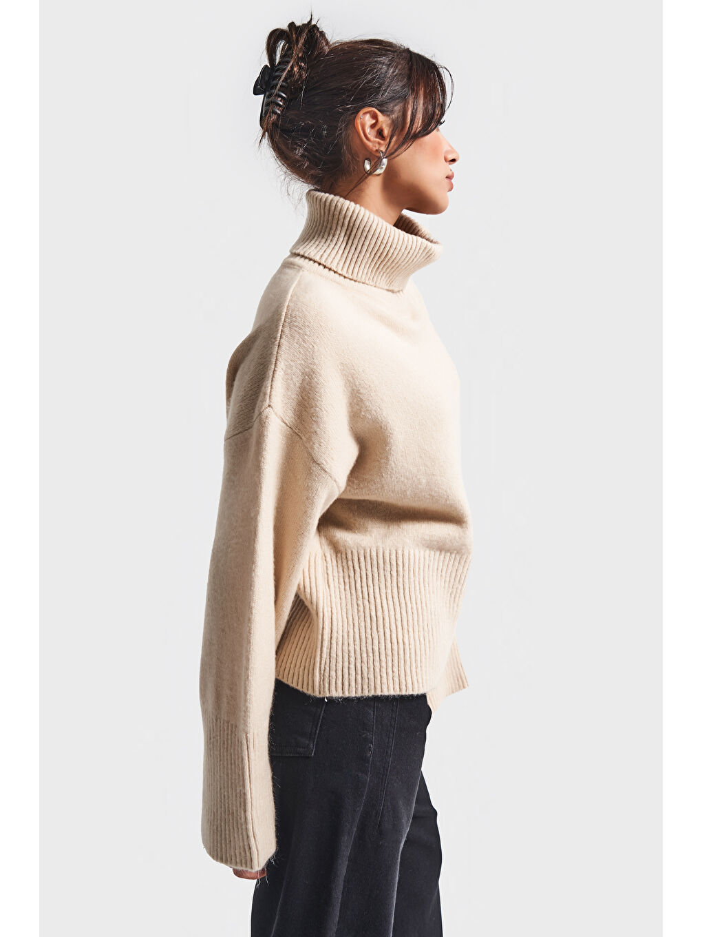 Kadın Ekru Renk w5-101 Balıkçı Yaka Bol Kesim Örme Triko Kazak-3