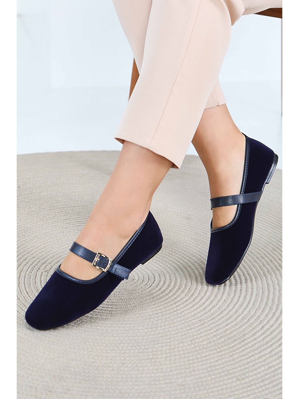 Kadın Lacivert Kemerli Süet Babet - 27791-LACIVERT-2